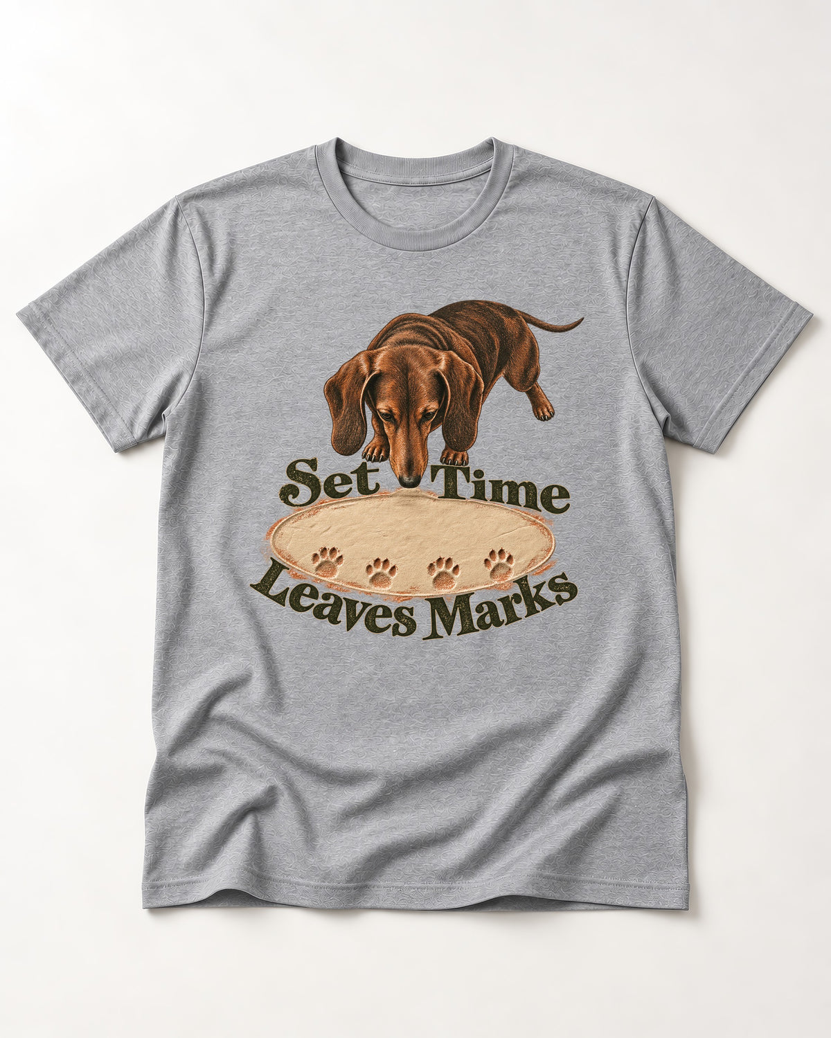 Dachshund Time Leaves Marks T-Shirt in Sport Grey, flat lay product photo