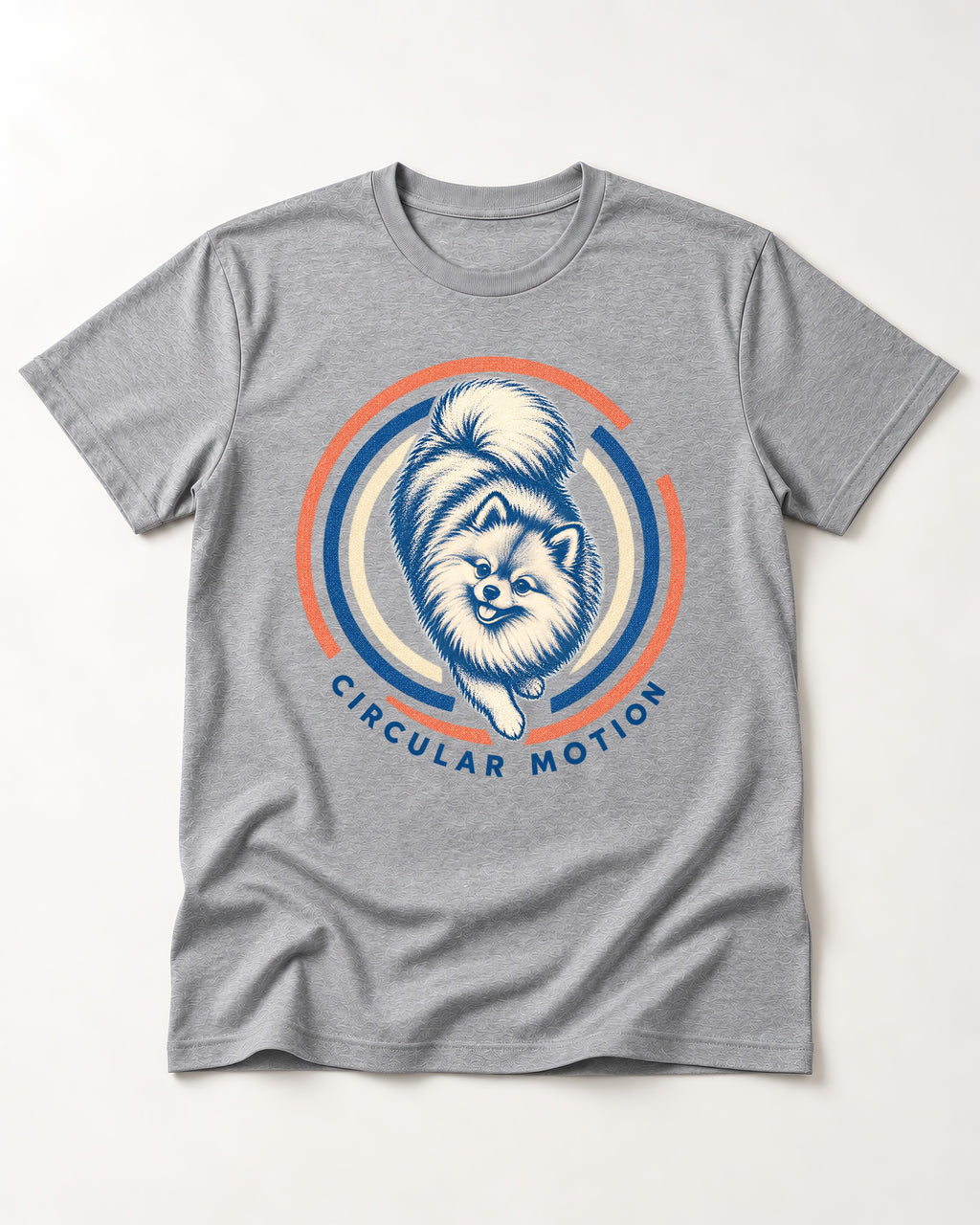 Pomeranian Circular Motion T-Shirt in Sport Grey, flat lay product photo