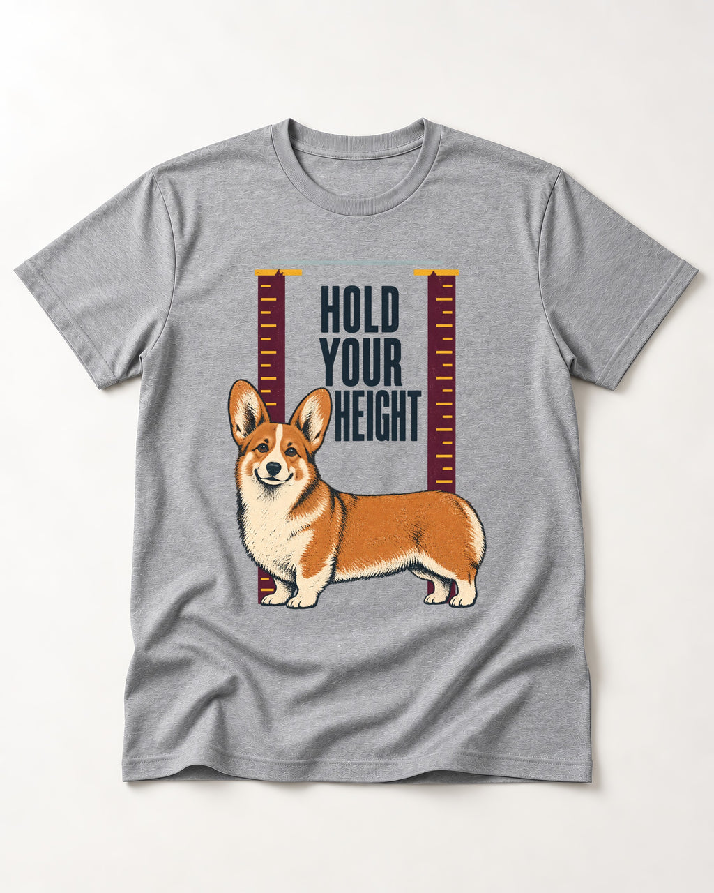 Corgi Hold Your Height T-Shirt in Sport Grey, flat lay product photo
