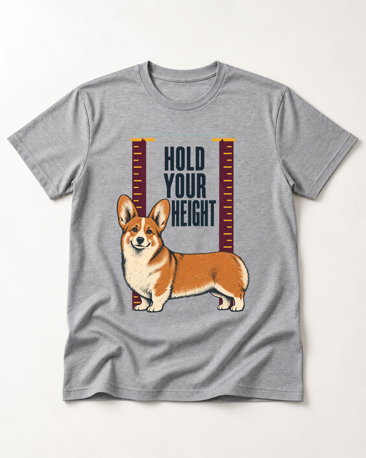 Corgi Hold Your Height T-Shirt in Sport Grey, flat lay product photo
