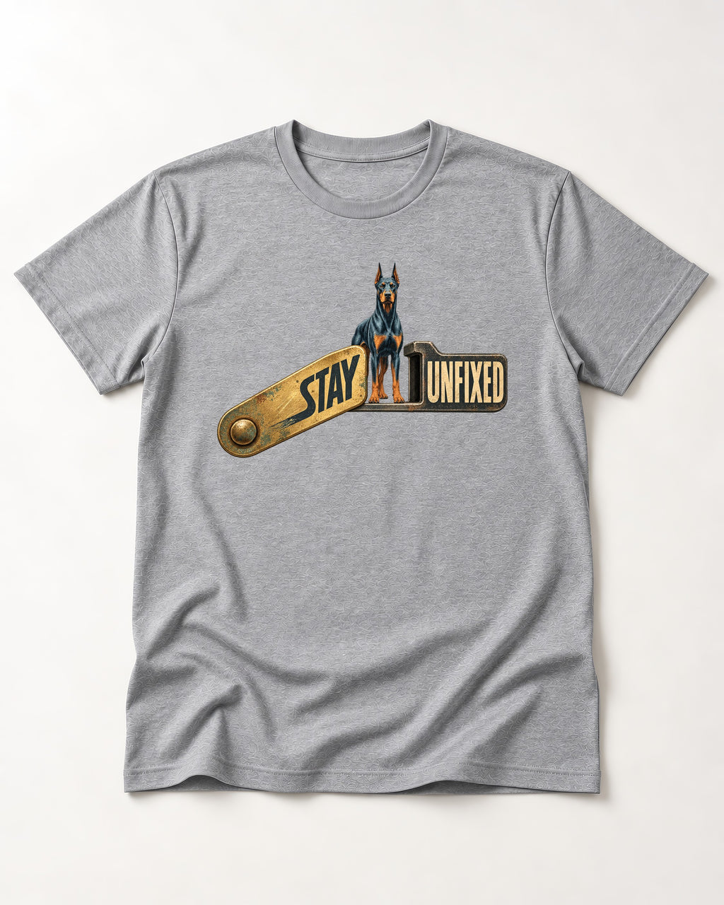 Doberman Stay Unfixed T-Shirt in Sport Grey, flat lay product photo