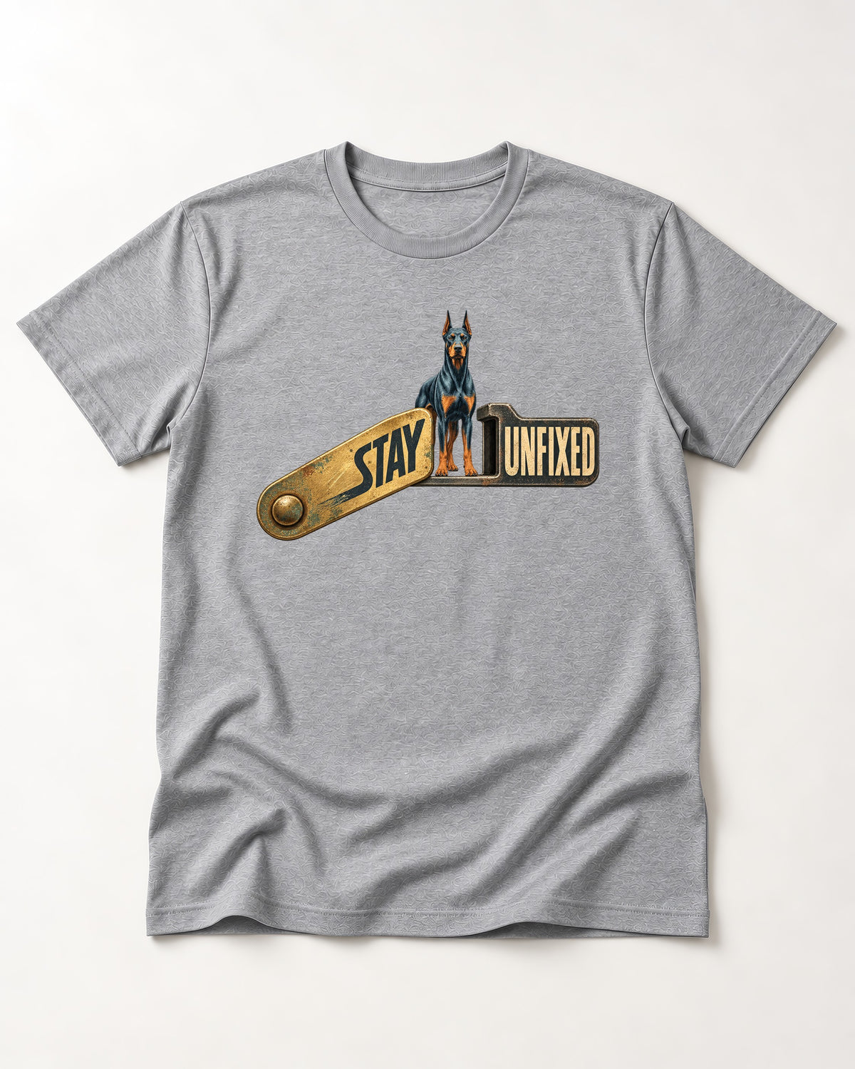Doberman Stay Unfixed T-Shirt in Sport Grey, flat lay product photo
