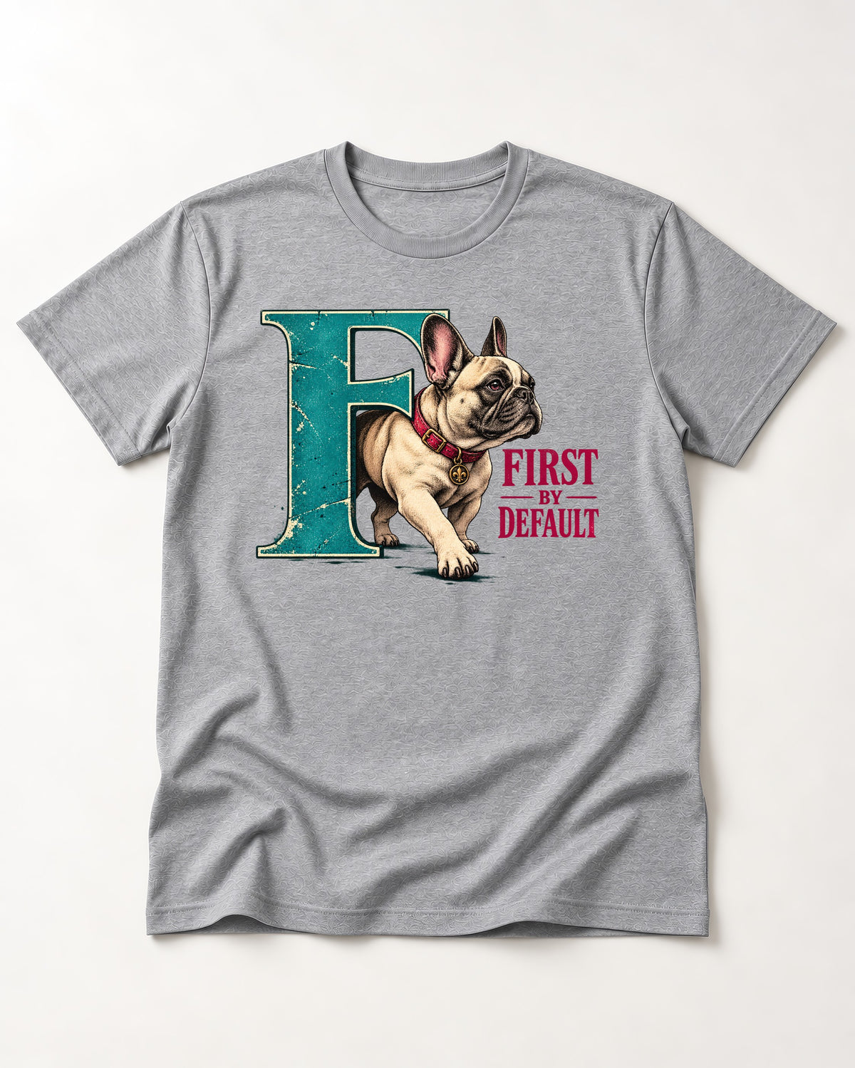 Frenchie First by Default Teal F Graphic T-Shirt in Sport Grey, flat lay product photo