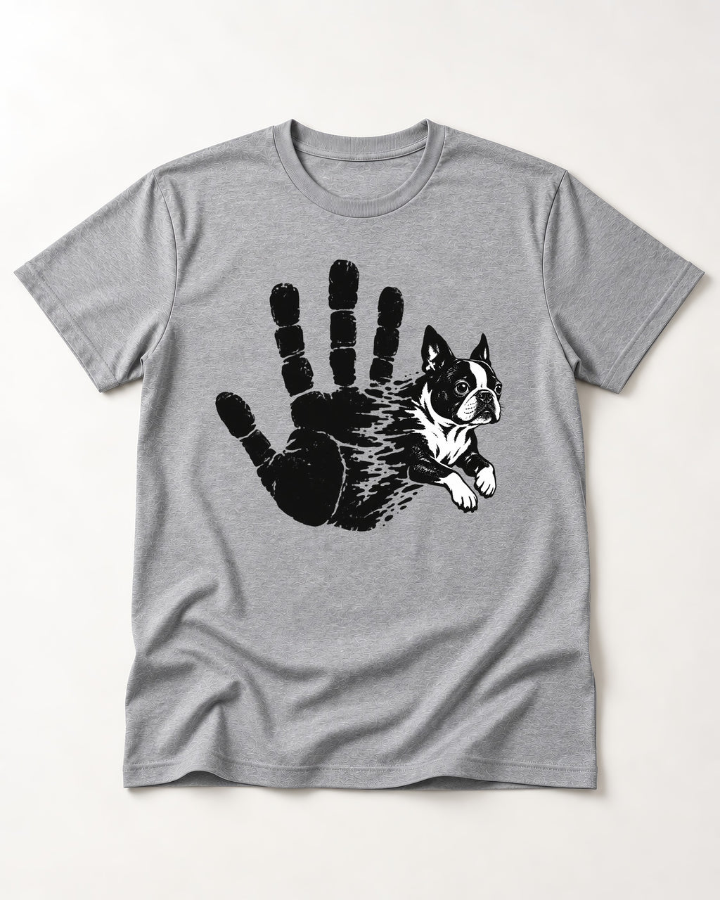 Boston Terrier High Five T-Shirt in Sport Grey, flat lay product photo