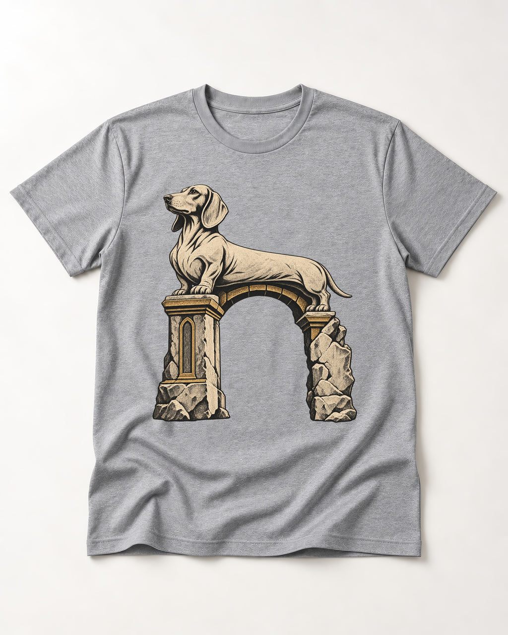 Dachshund Ruined Stone Arch Monument Graphic T-Shirt in Sport Grey, flat lay product photo