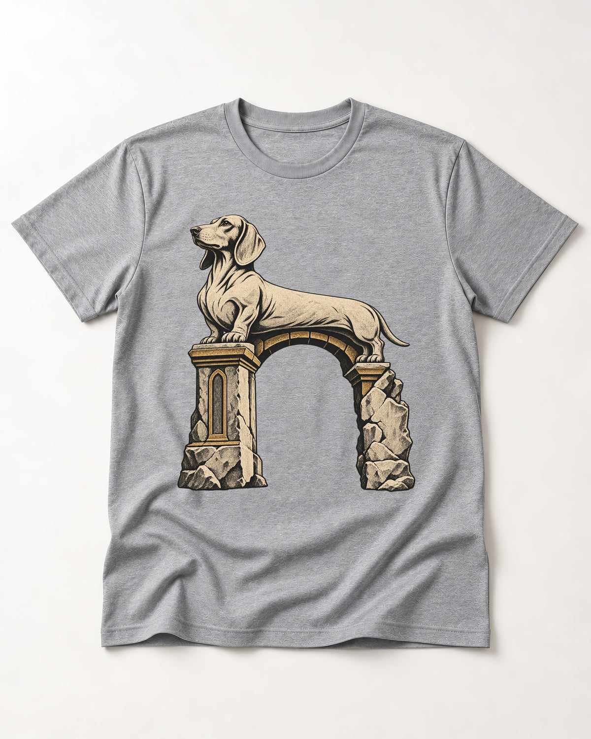 Dachshund Ruined Stone Arch Monument Graphic T-Shirt in Sport Grey, flat lay product photo