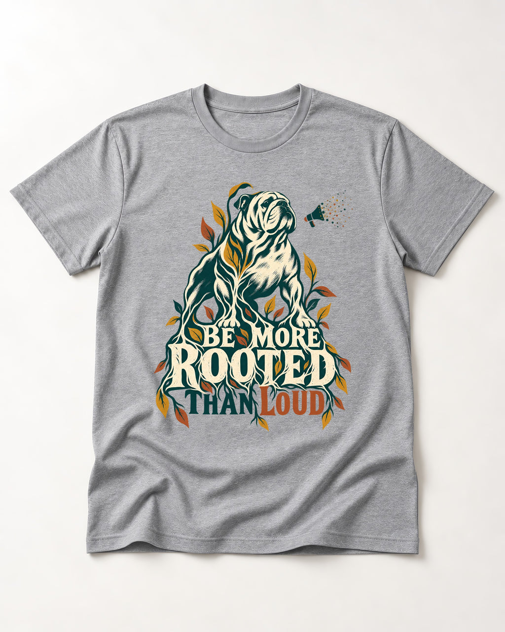 More Rooted Than Loud English Bulldog T-Shirt in Sport Grey, flat lay product photo