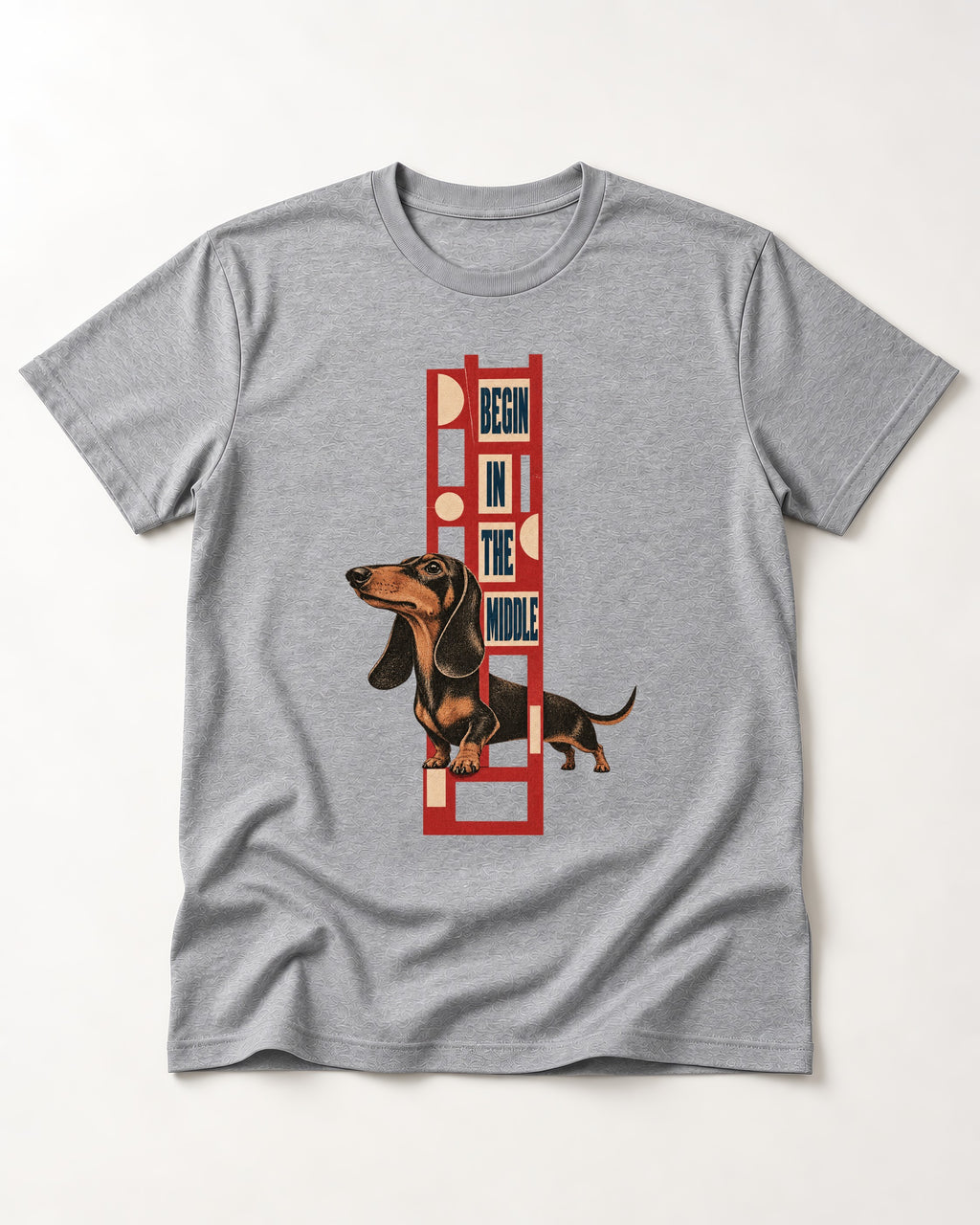 Dachshund Begins in the Middle T-Shirt in Sport Grey, flat lay product photo