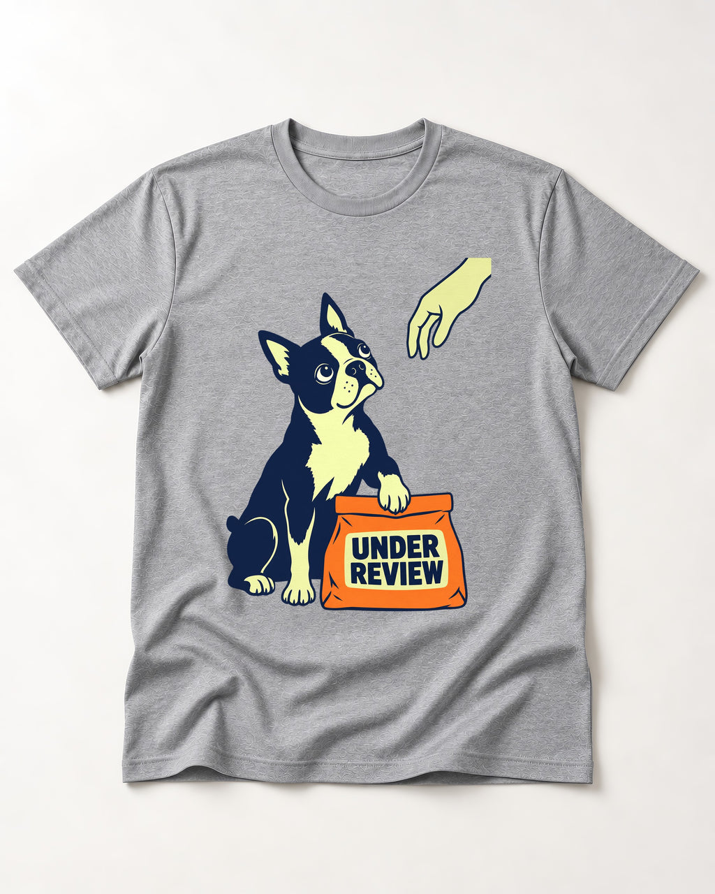 Boston Terrier Under Review T-Shirt in Sport Grey, flat lay product photo
