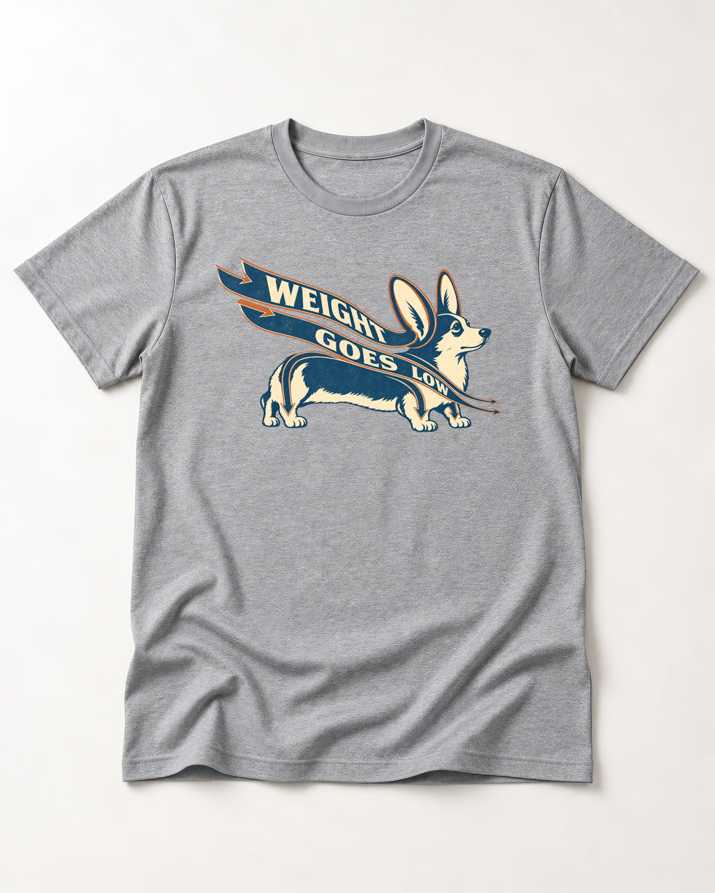 Corgi Weight Goes Low Ribbon Arrow Graphic T-Shirt in Sport Grey, flat lay product photo