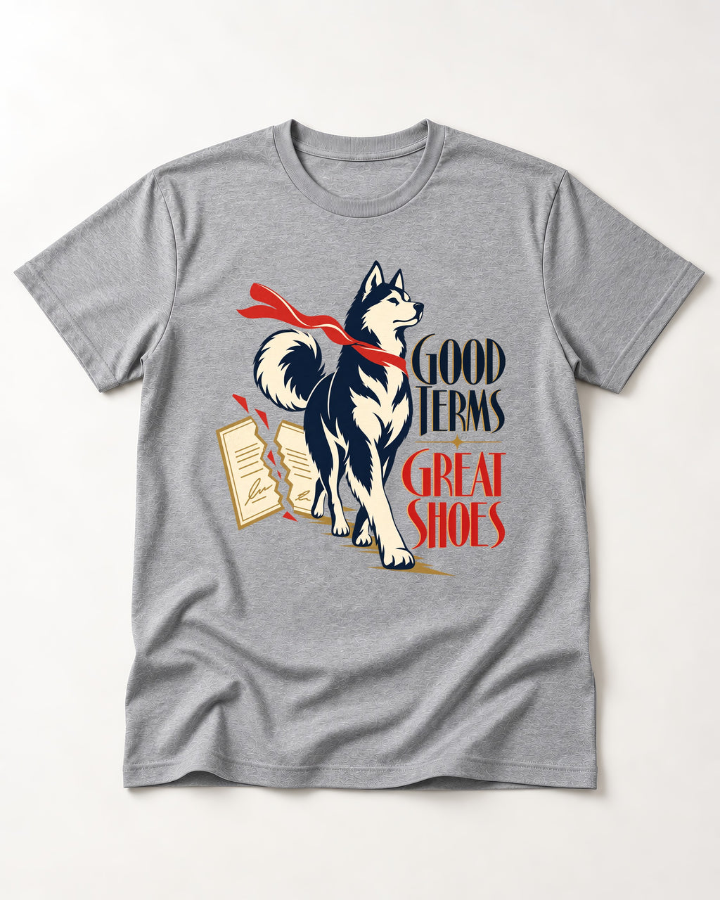 Husky Good Terms Great Shoes T-Shirt in Sport Grey, flat lay product photo
