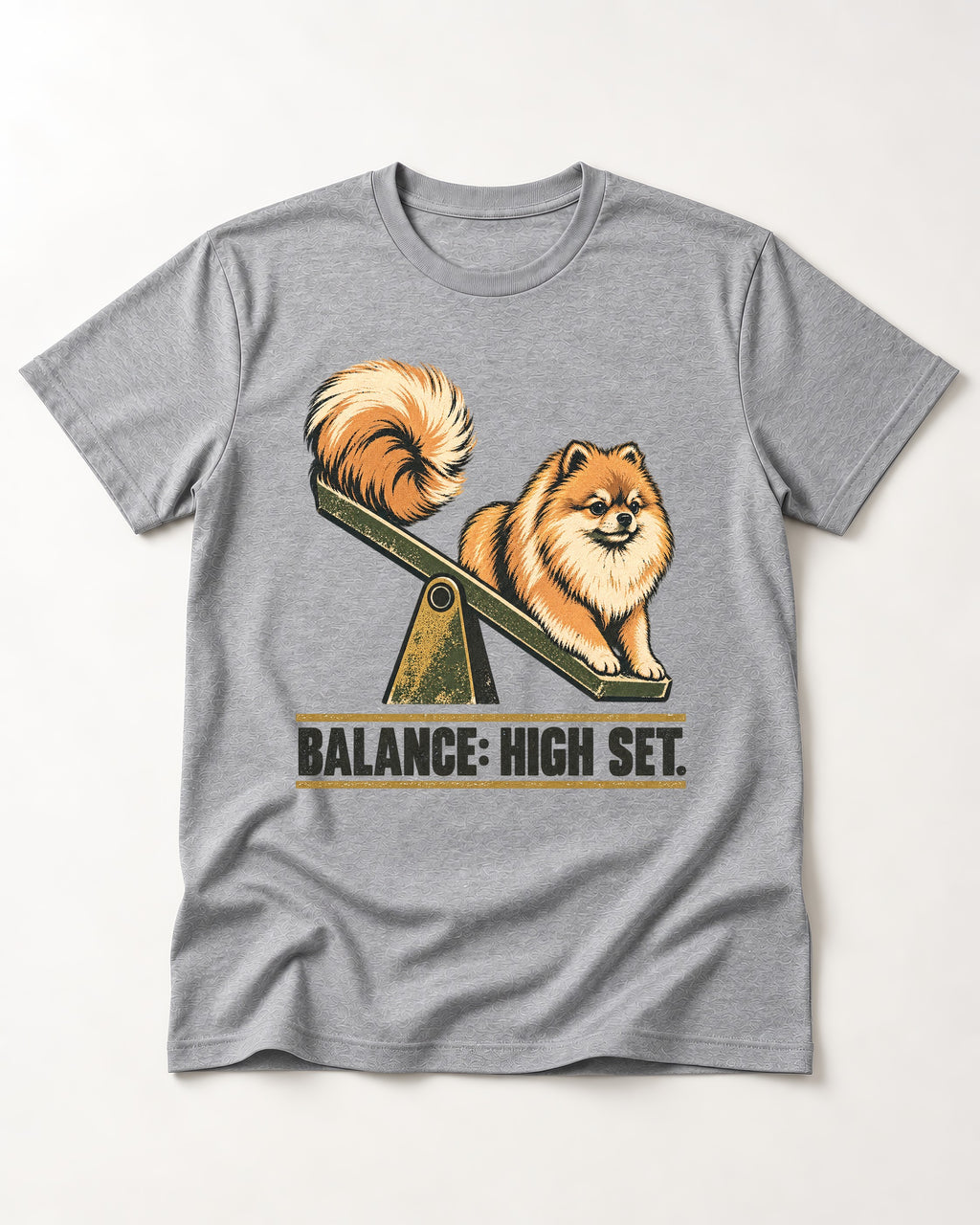 Pomeranian Balance High Set T-Shirt in Sport Grey, flat lay product photo