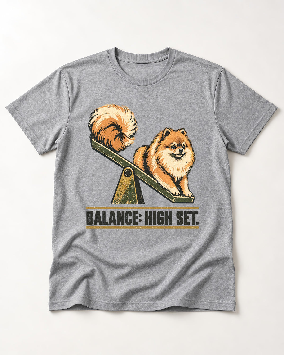 Pomeranian Balance High Set T-Shirt in Sport Grey, flat lay product photo