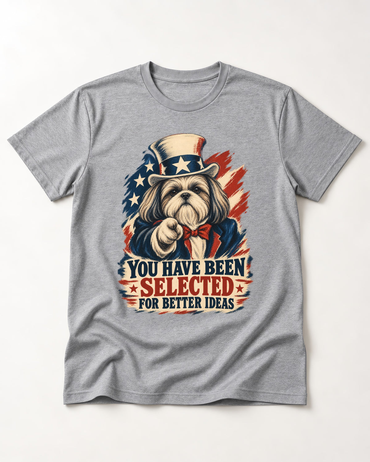 Shih Tzu You Have Been Selected Uncle Sam Graphic T-Shirt in Sport Grey, flat lay product photo