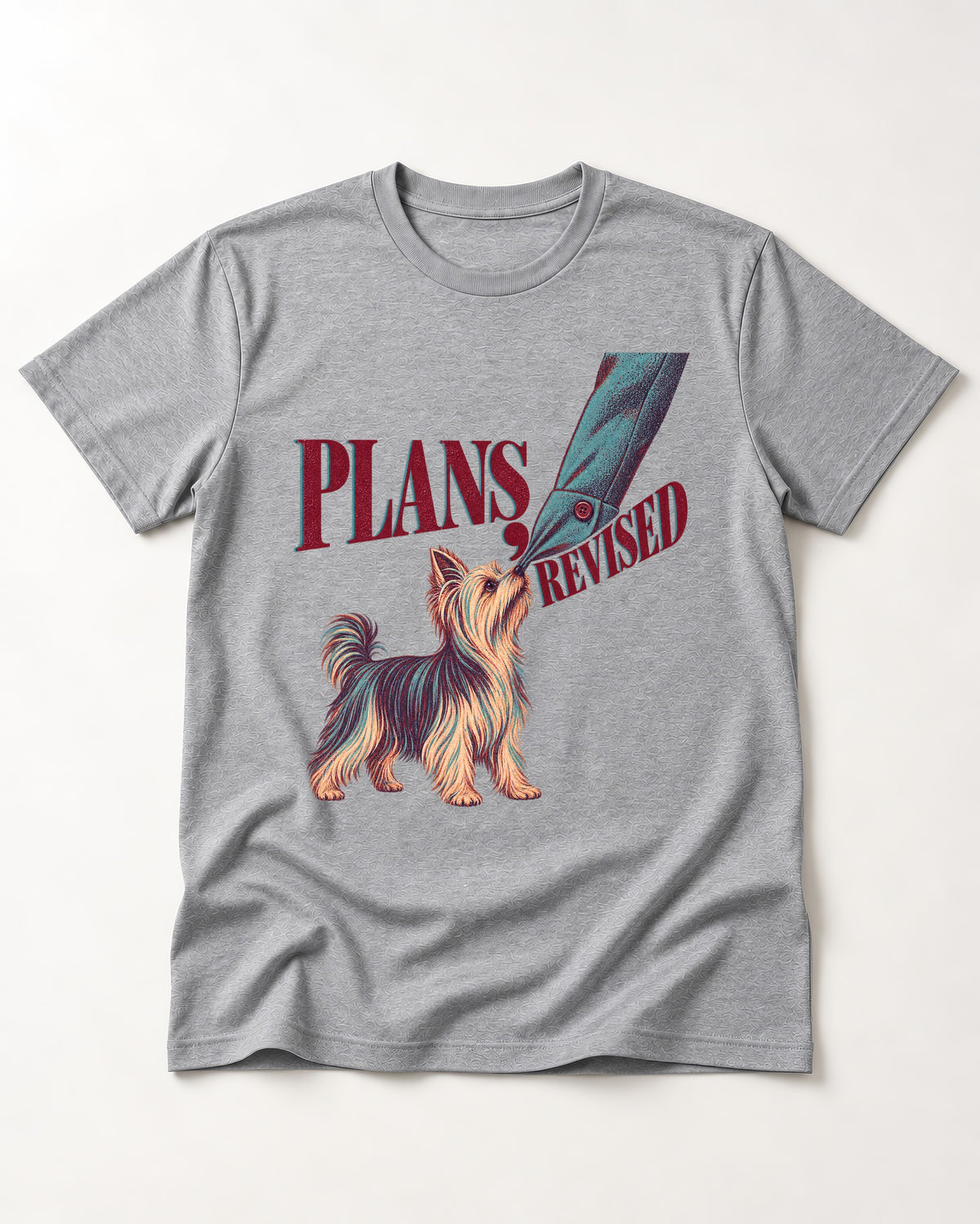 Yorkshire Terrier Plans Revised T-Shirt in Sport Grey, flat lay product photo