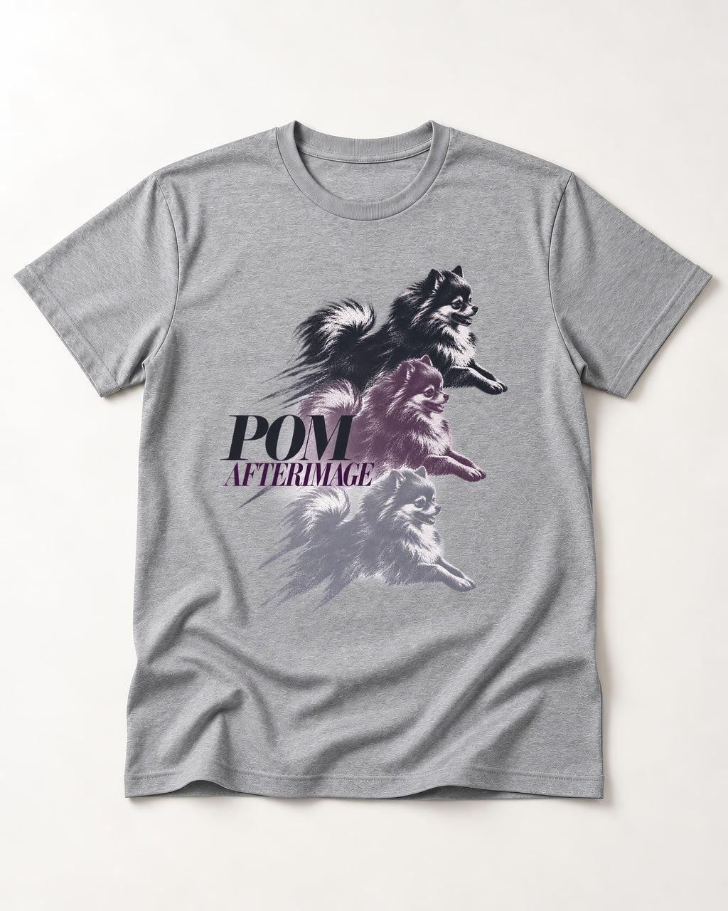 Pomeranian Afterimage T-Shirt in Sport Grey, flat lay product photo