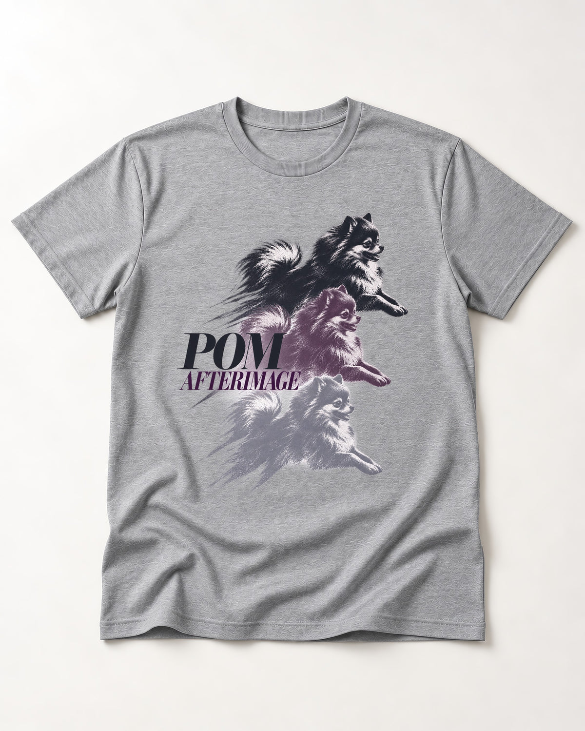 Pomeranian Afterimage T-Shirt in Sport Grey, flat lay product photo