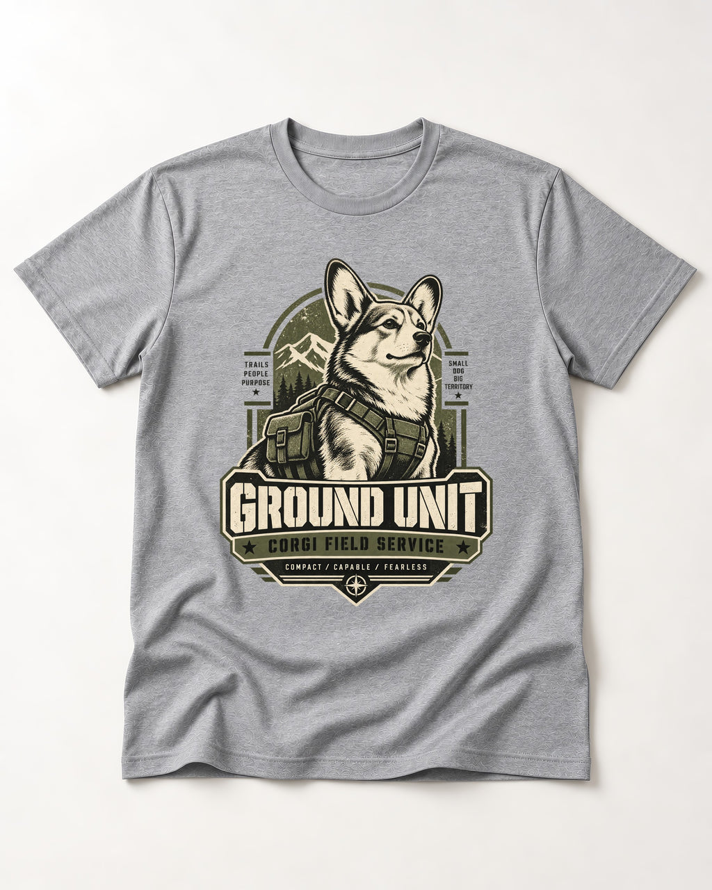 Corgi Ground Unit Field Service Badge T-Shirt in Sport Grey, flat lay product photo