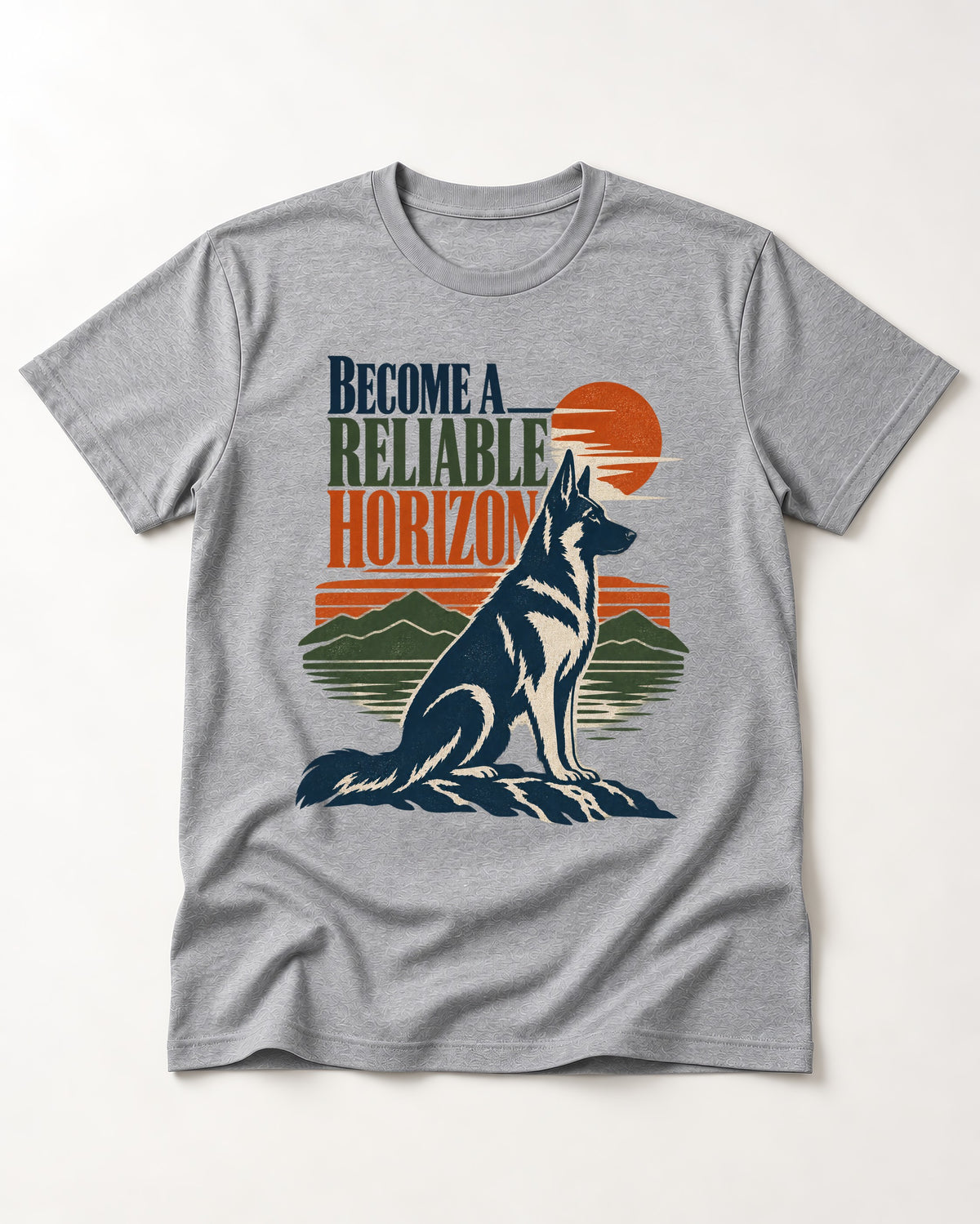German Shepherd Dog Become a Reliable Horizon T-Shirt in Sport Grey, flat lay product photo