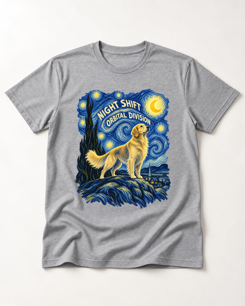 Night Shift Orbital Division Starry Night Golden Retriever Graphic T-Shirt in Sport Grey, flat lay product photo