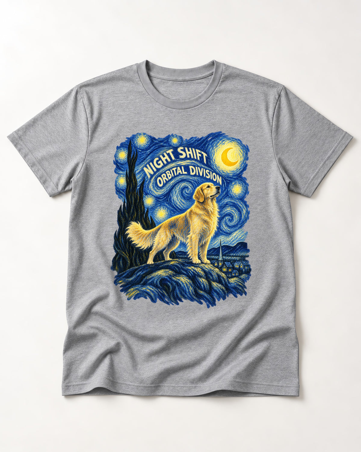 Night Shift Orbital Division Starry Night Golden Retriever Graphic T-Shirt in Sport Grey, flat lay product photo