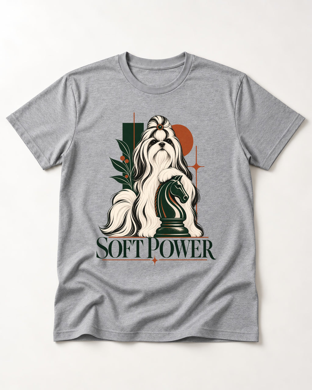 Soft Power Shih Tzu T-Shirt in Sport Grey, flat lay product photo