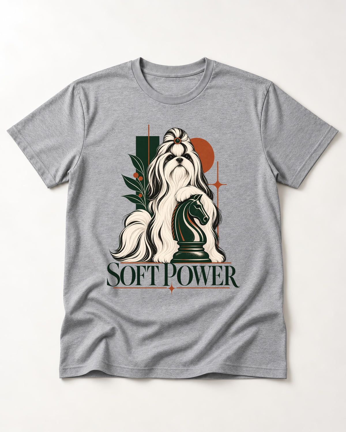 Soft Power Shih Tzu T-Shirt in Sport Grey, flat lay product photo