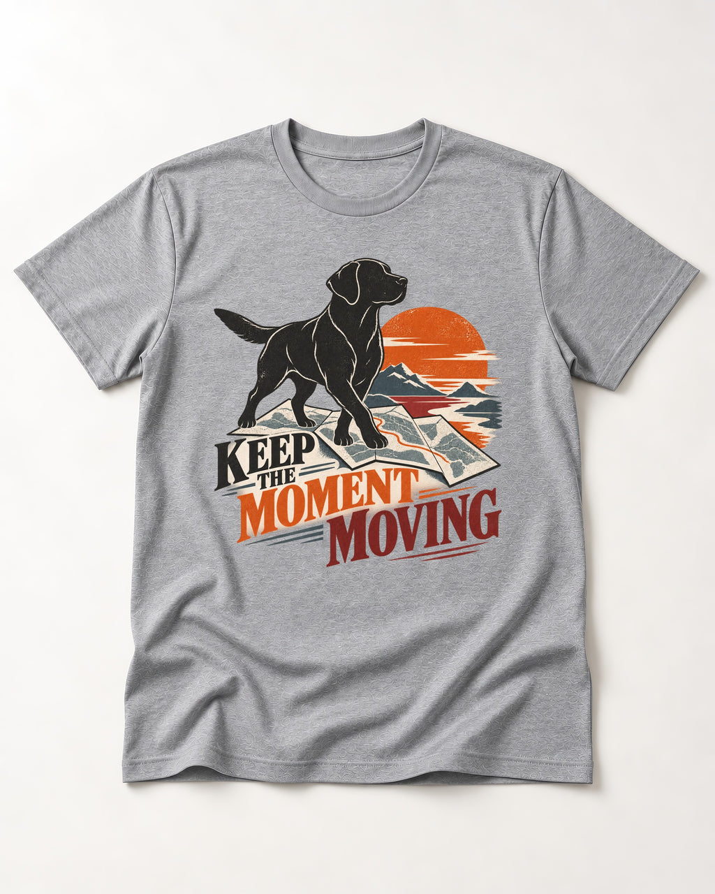 Keep the Moment Moving Labrador Retriever T-Shirt in Sport Grey, flat lay product photo