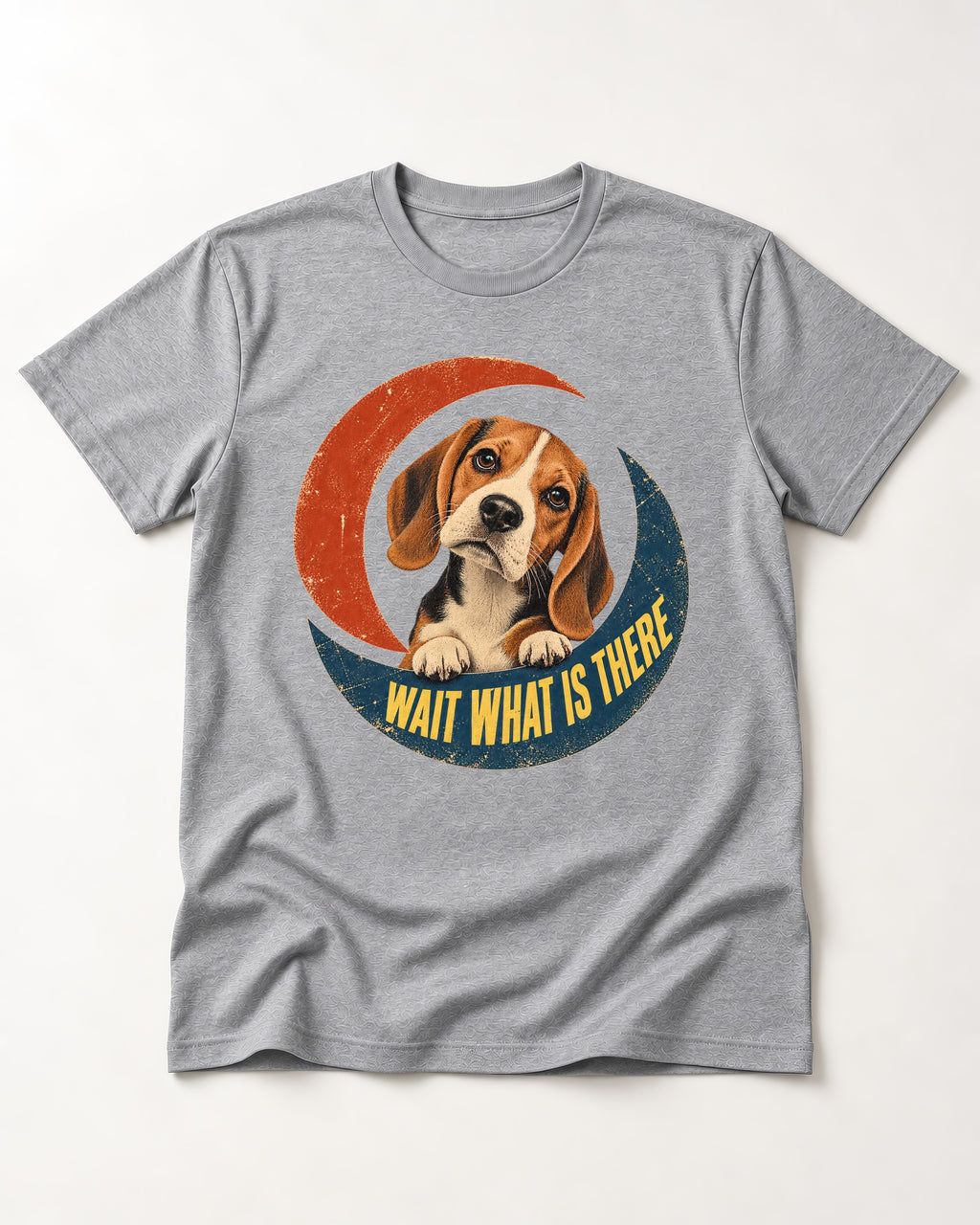 Wait What Is There Beagle Crescent T-Shirt in Sport Grey, flat lay product photo