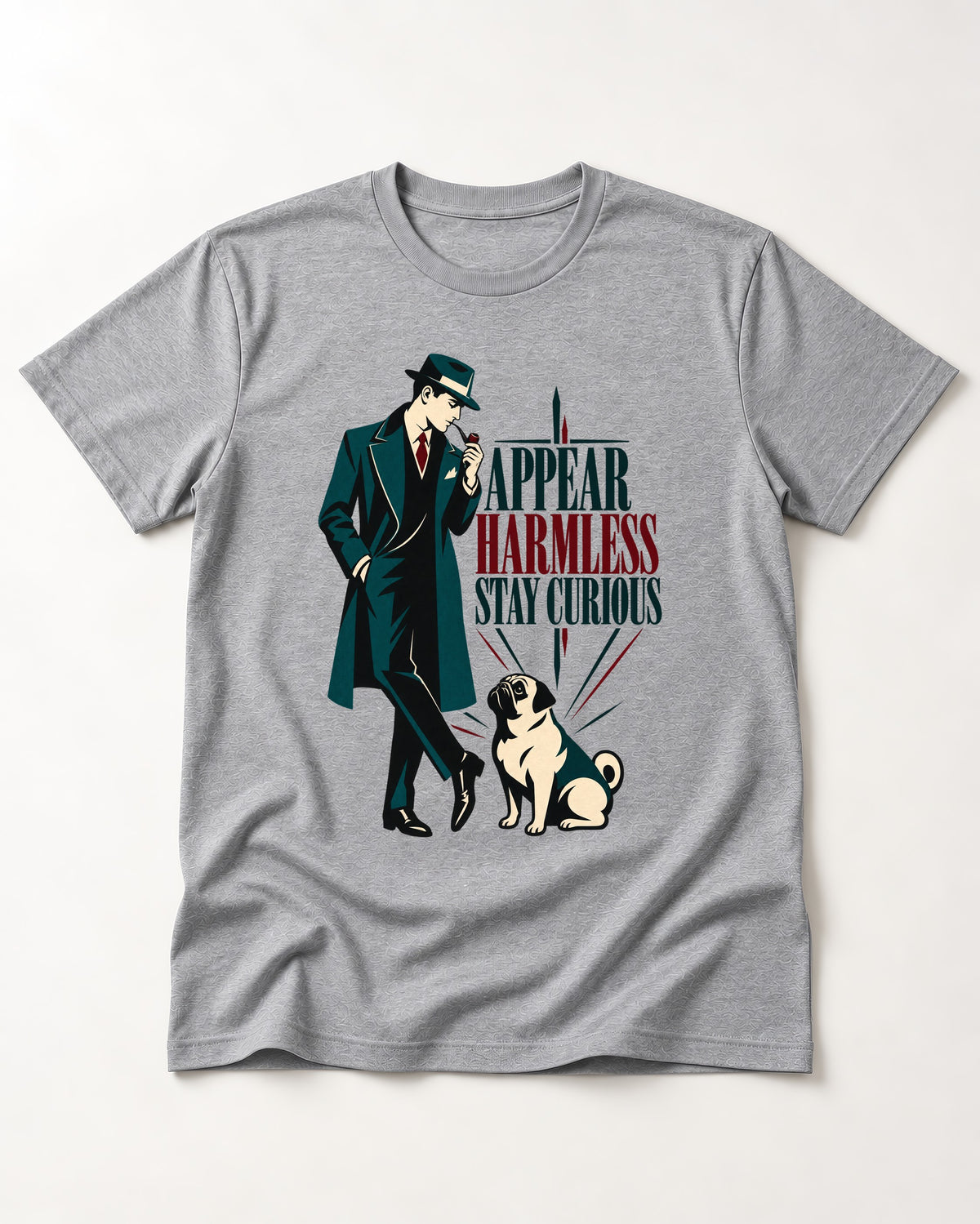 Pug Appear Harmless Stay Curious T-Shirt in Sport Grey, flat lay product photo