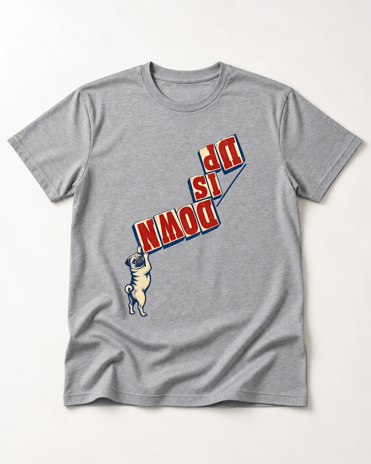 Down Is Up Pug T-Shirt in Sport Grey, flat lay product photo