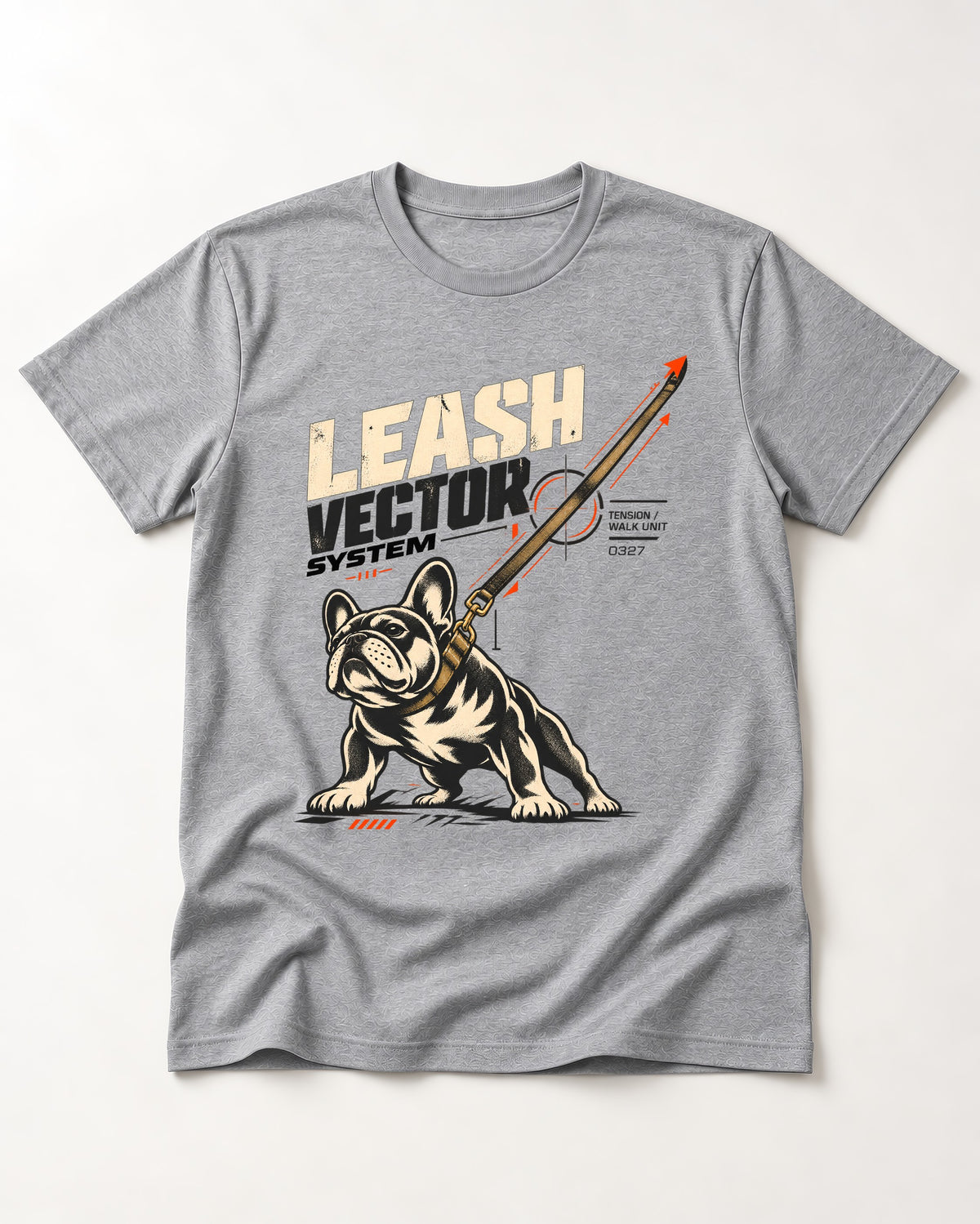Frenchie Leash Vector T-Shirt in Sport Grey, flat lay product photo