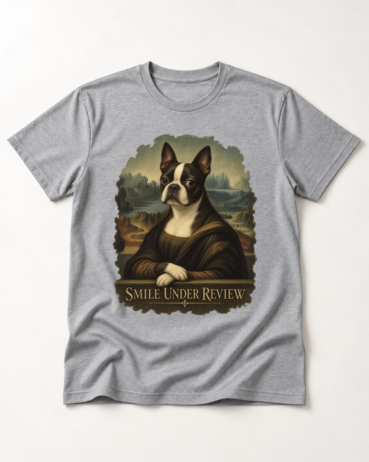 Smile Under Review Boston Terrier Mona Lisa Portrait T-Shirt in Sport Grey, flat lay product photo