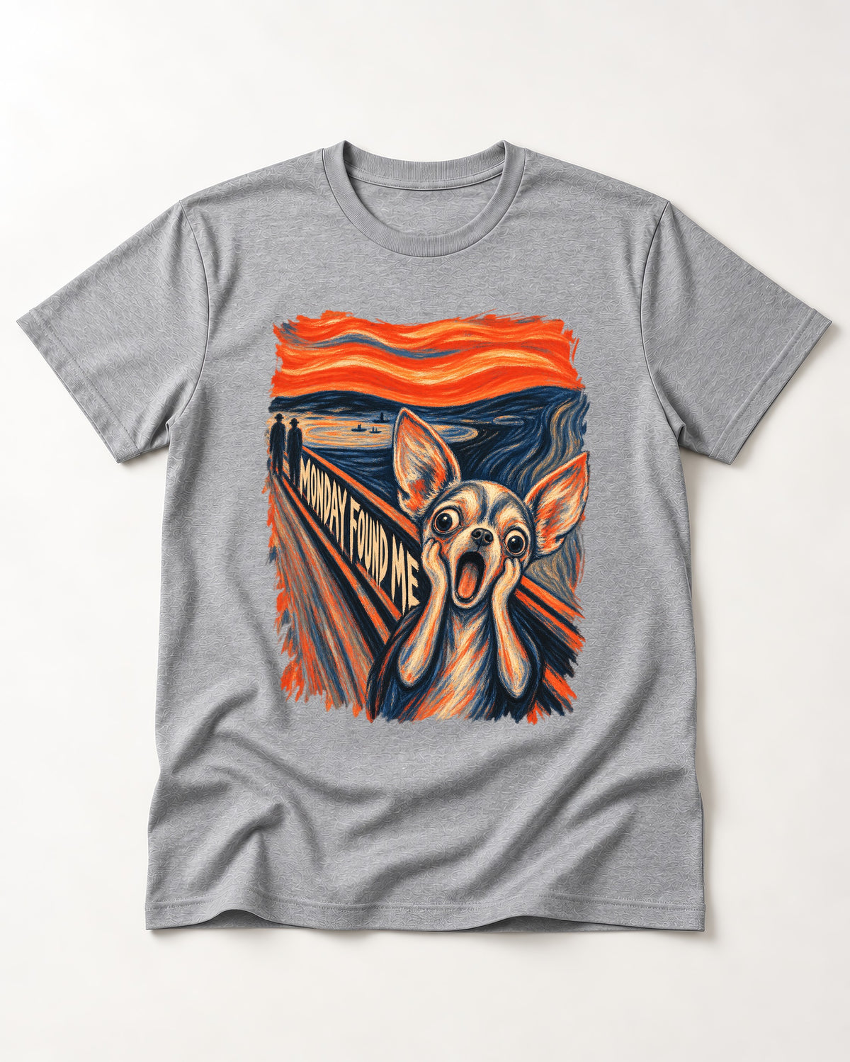 Monday Found Me Chihuahua Scream Path T-Shirt in Sport Grey, flat lay product photo