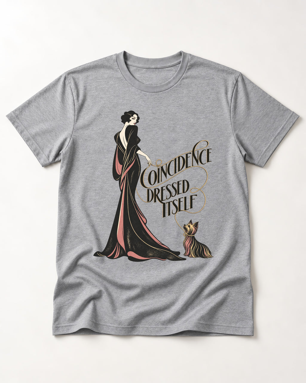 Yorkshire Terrier Coincidence Dressed Itself Art Deco Graphic T-Shirt in Sport Grey, flat lay product photo