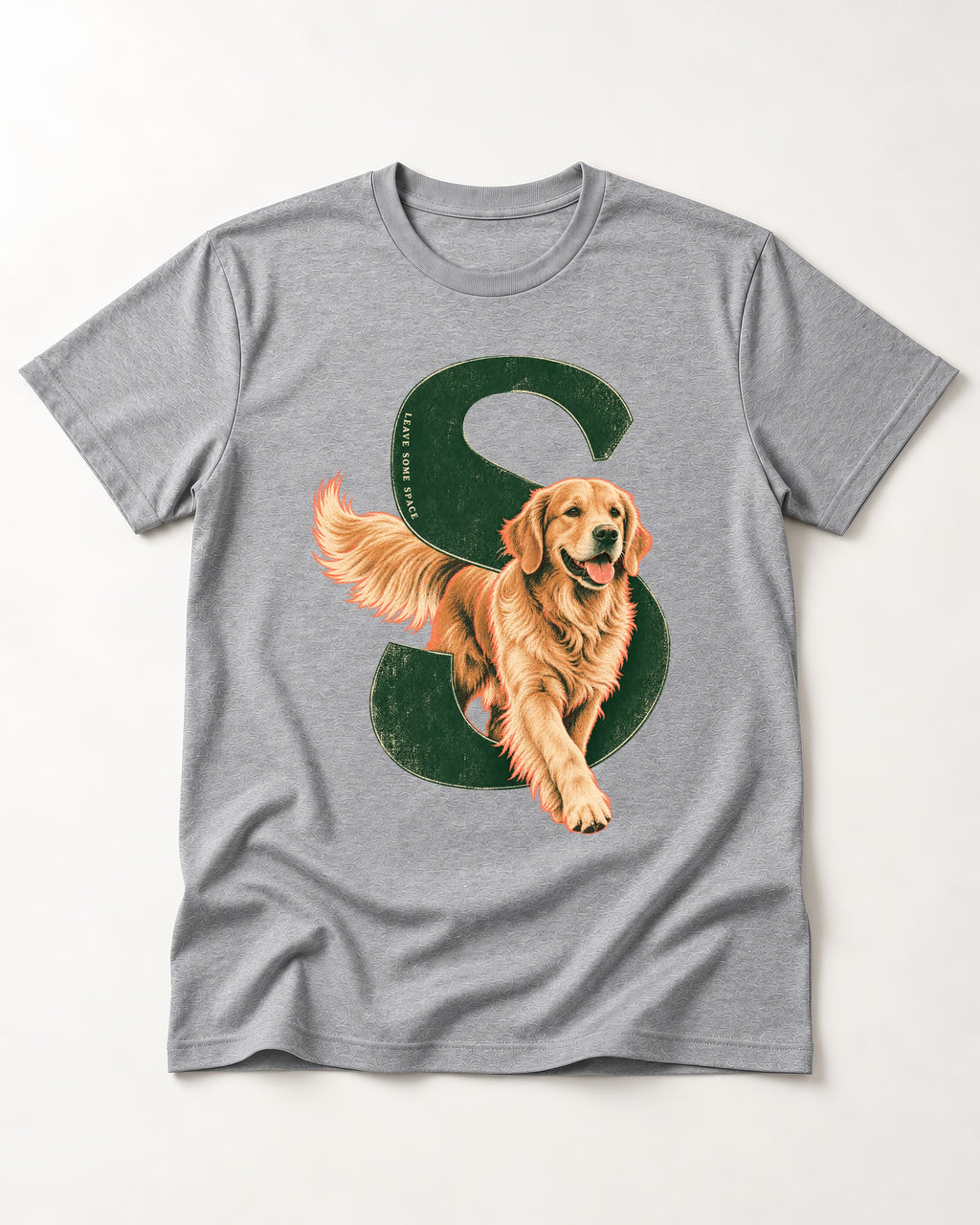 Golden Retriever Leave Some Space Monogram Graphic T-Shirt in Sport Grey, flat lay product photo