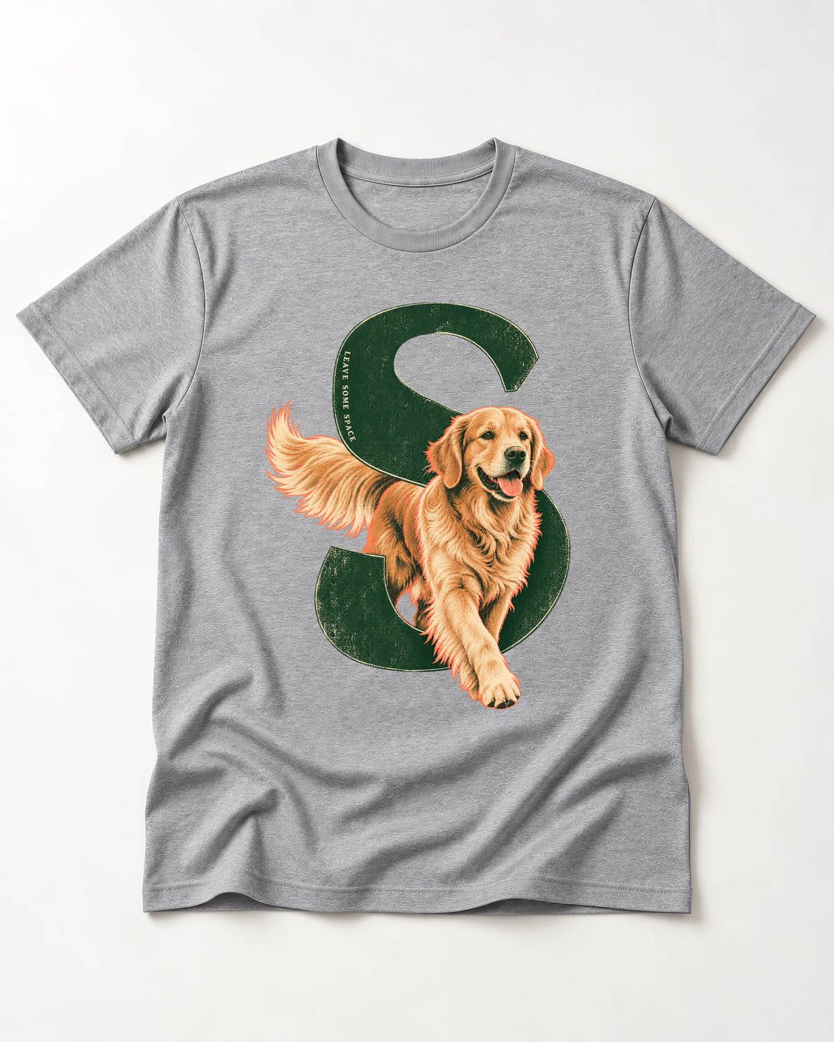 Golden Retriever Leave Some Space Monogram Graphic T-Shirt in Sport Grey, flat lay product photo
