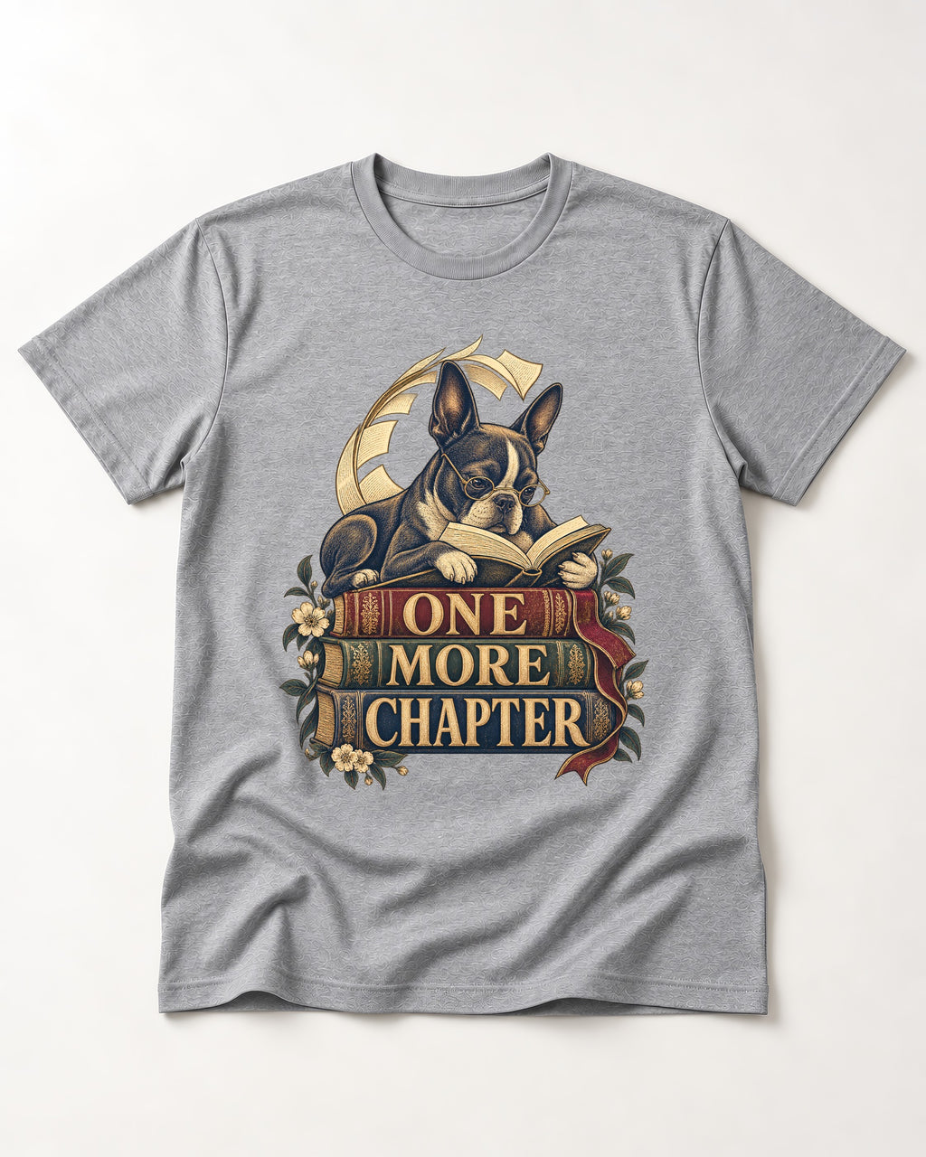 One More Chapter Boston Terrier T-Shirt in Sport Grey, flat lay product photo
