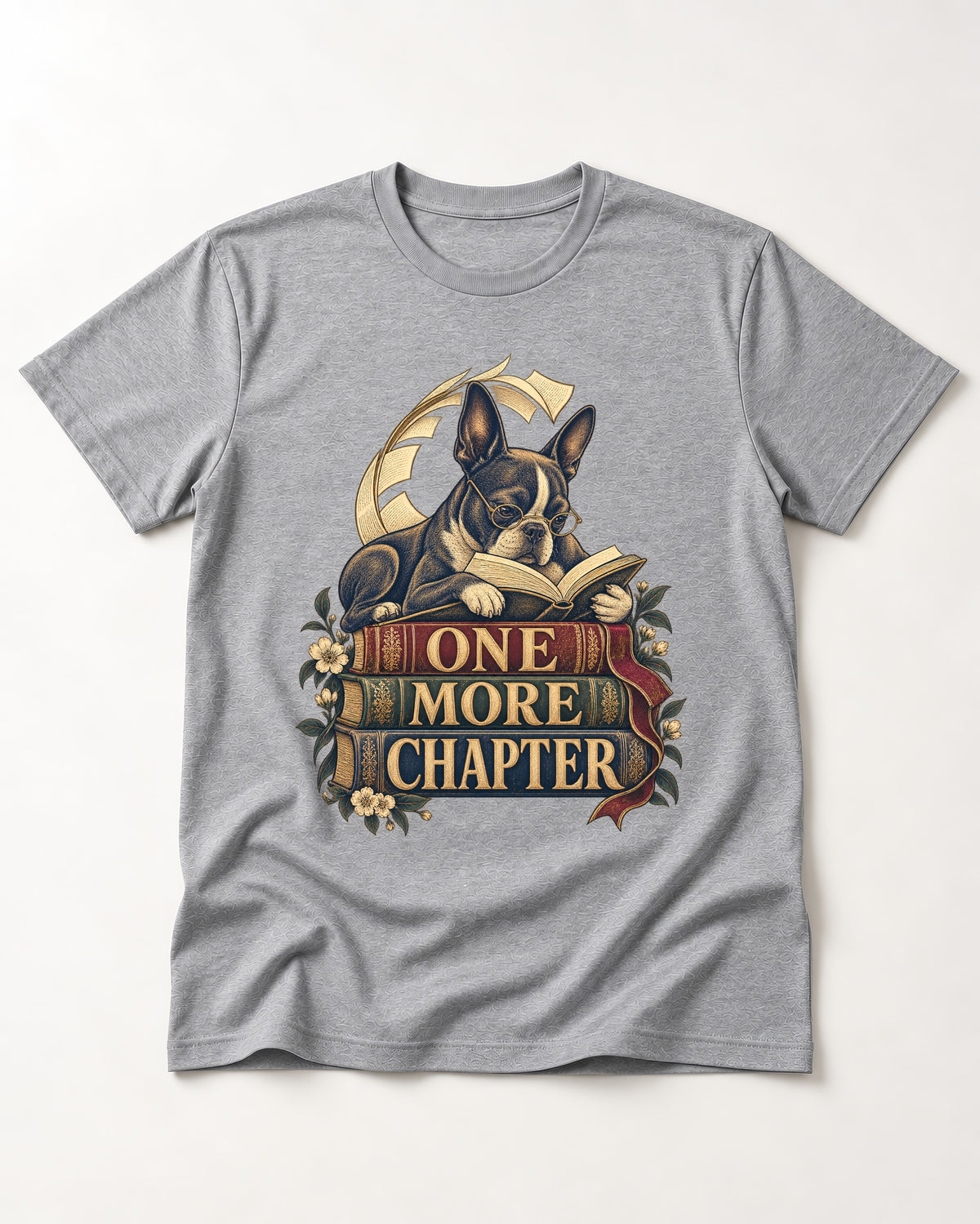 One More Chapter Boston Terrier T-Shirt in Sport Grey, flat lay product photo