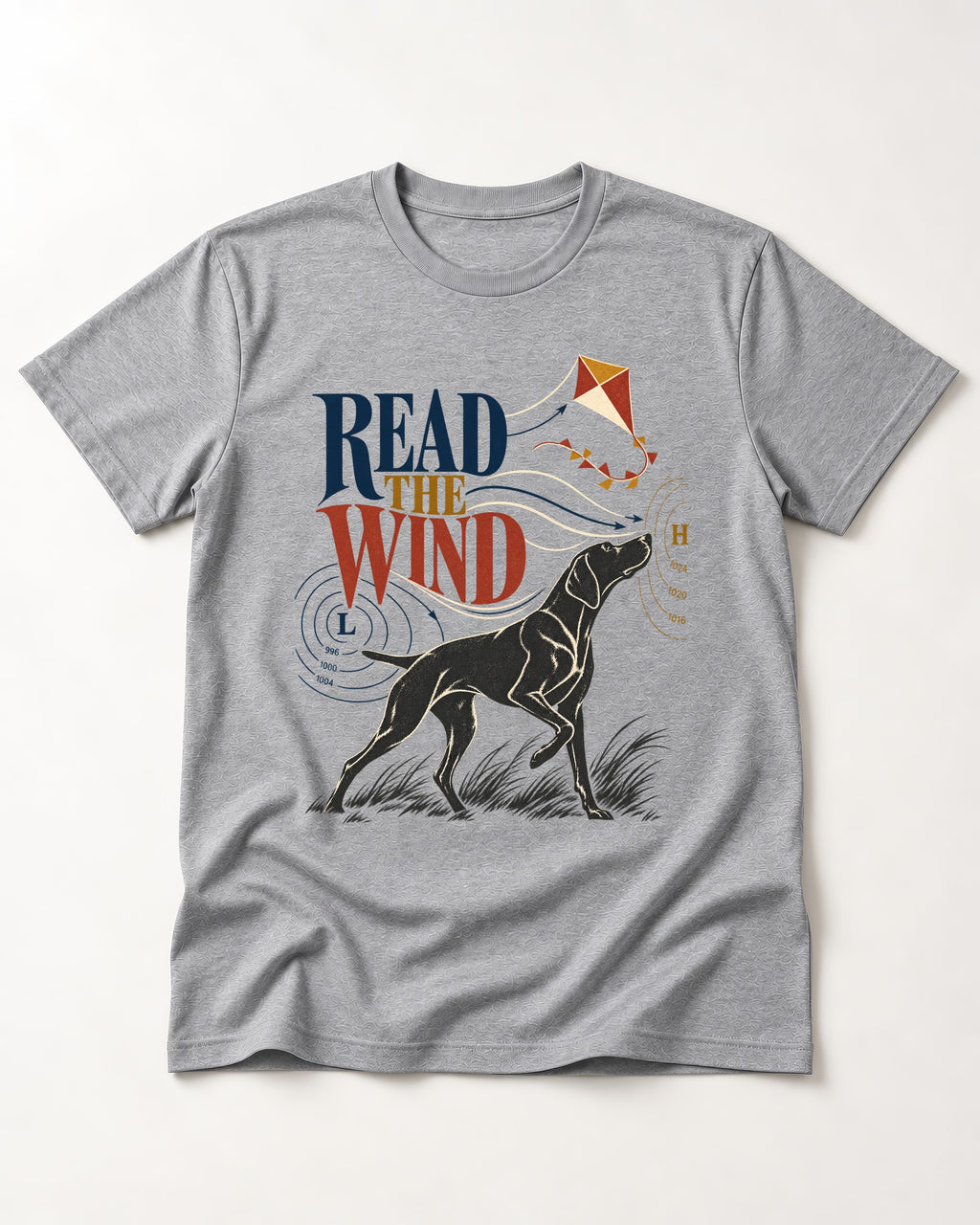 Read the Wind German Shorthaired Pointer T-Shirt in Sport Grey, flat lay product photo