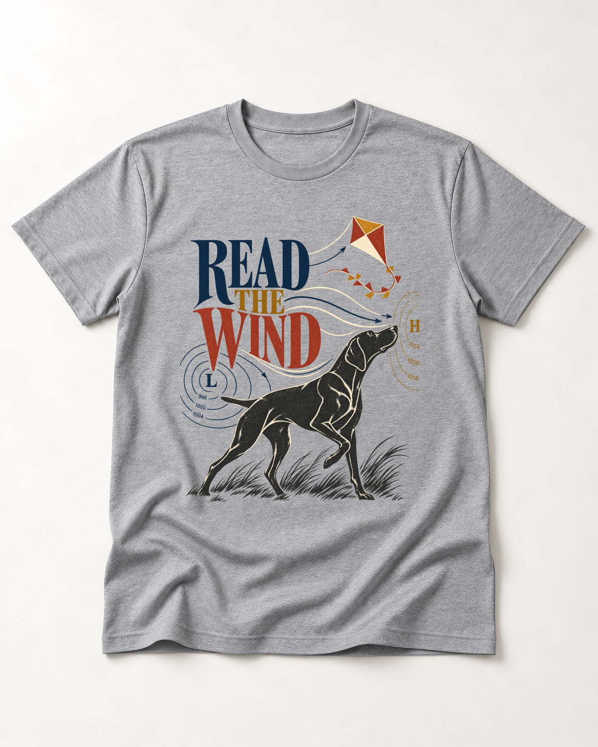 Read the Wind German Shorthaired Pointer T-Shirt in Sport Grey, flat lay product photo