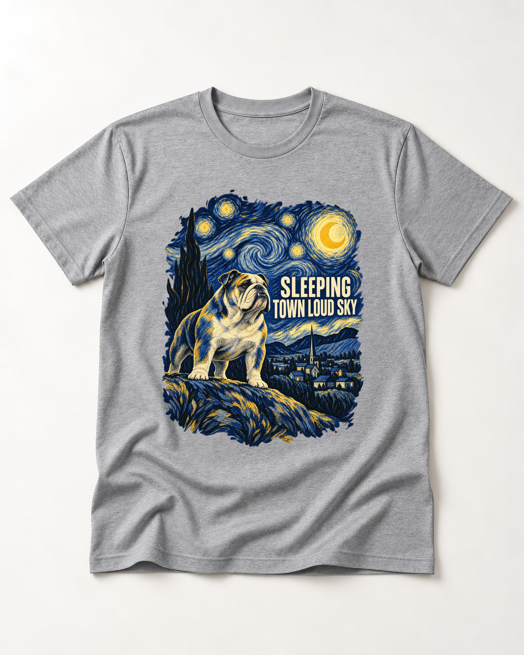 English Bulldog Sleeping Town Loud Sky Starry Night Graphic T-Shirt in Sport Grey, flat lay product photo