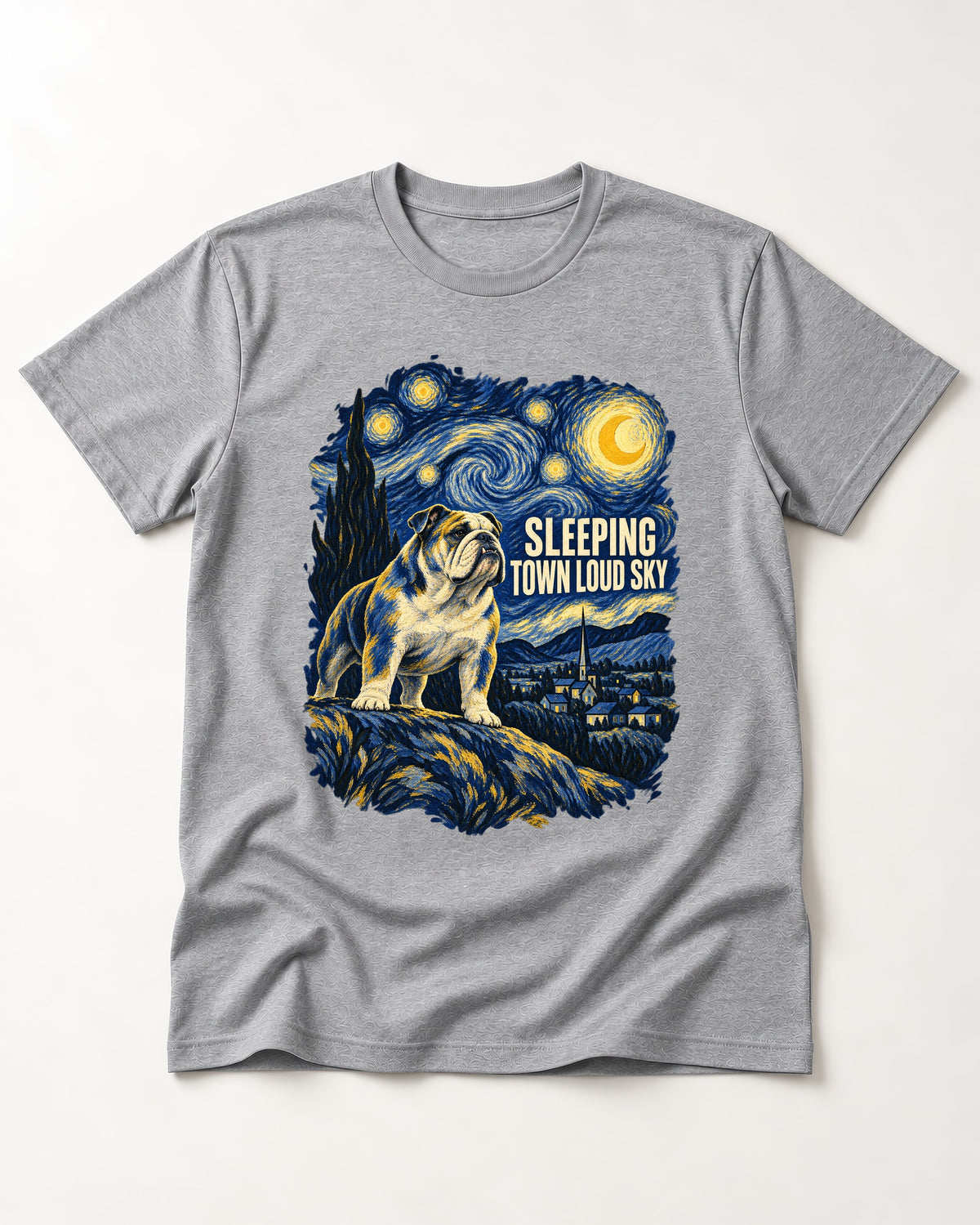 English Bulldog Sleeping Town Loud Sky Starry Night Graphic T-Shirt in Sport Grey, flat lay product photo