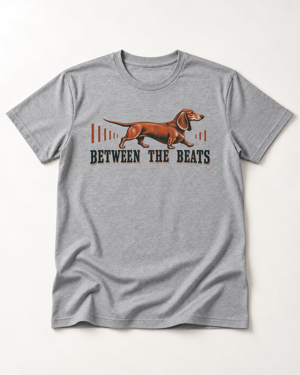 Dachshund Between the Beats T-Shirt in Sport Grey, flat lay product photo
