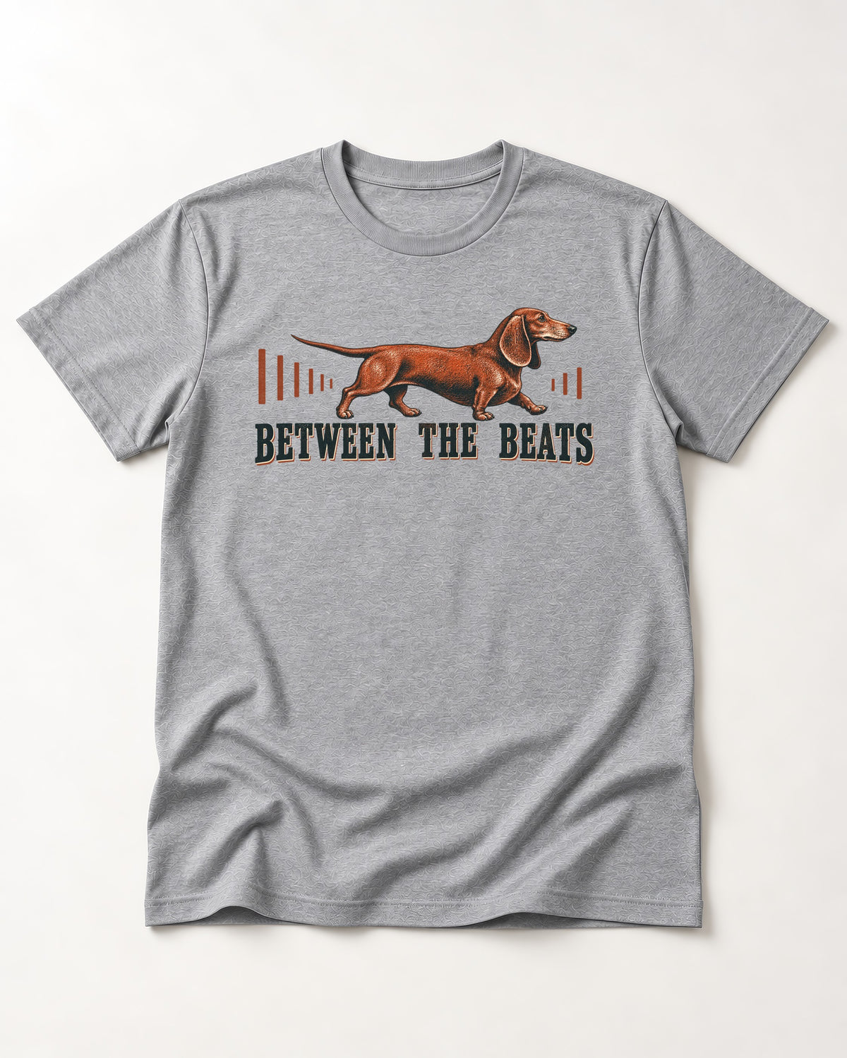 Dachshund Between the Beats T-Shirt in Sport Grey, flat lay product photo
