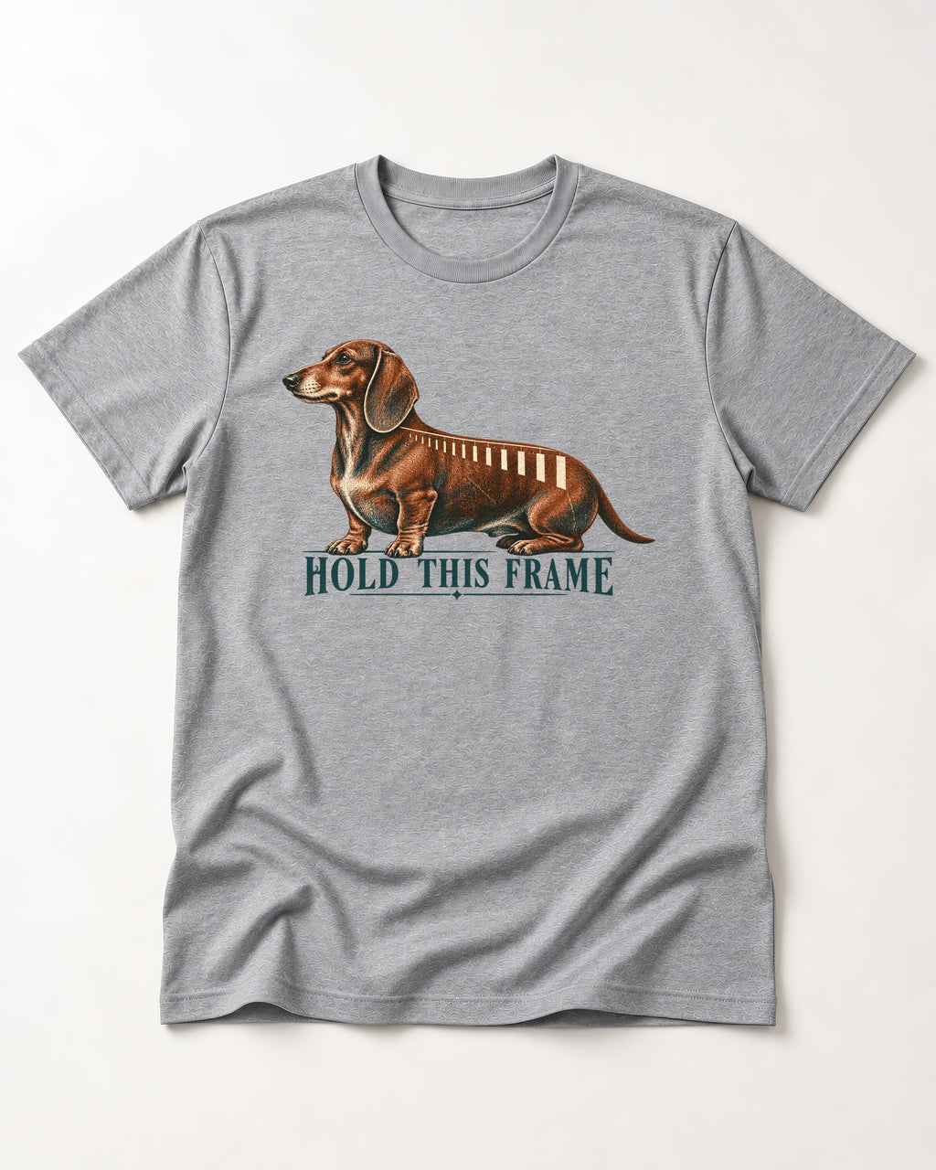 Dachshund Hold This Frame T-Shirt in Sport Grey, flat lay product photo