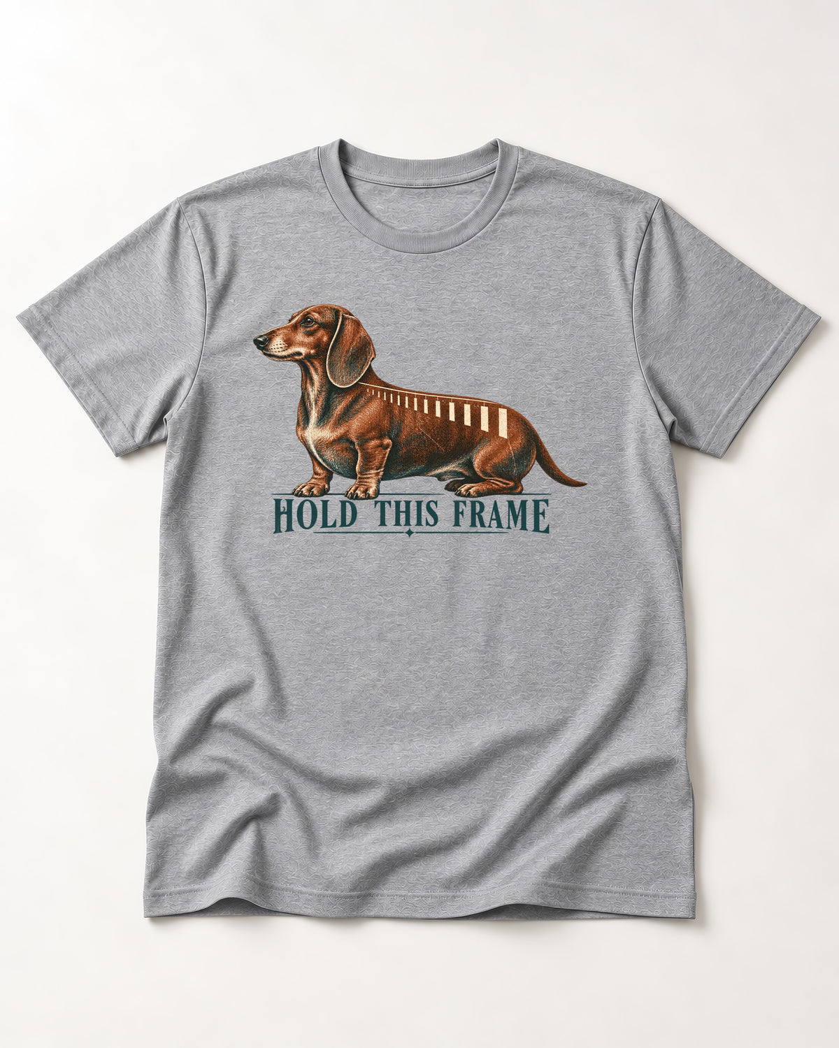 Dachshund Hold This Frame T-Shirt in Sport Grey, flat lay product photo