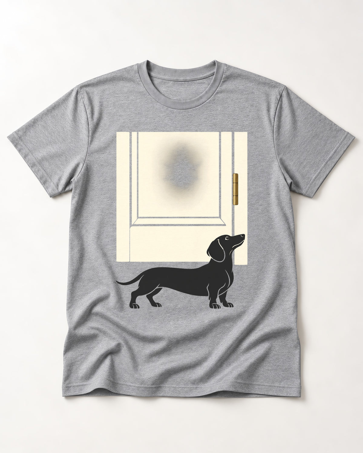 Dachshund Frosted Door Sentinel Graphic T-Shirt in Sport Grey, flat lay product photo