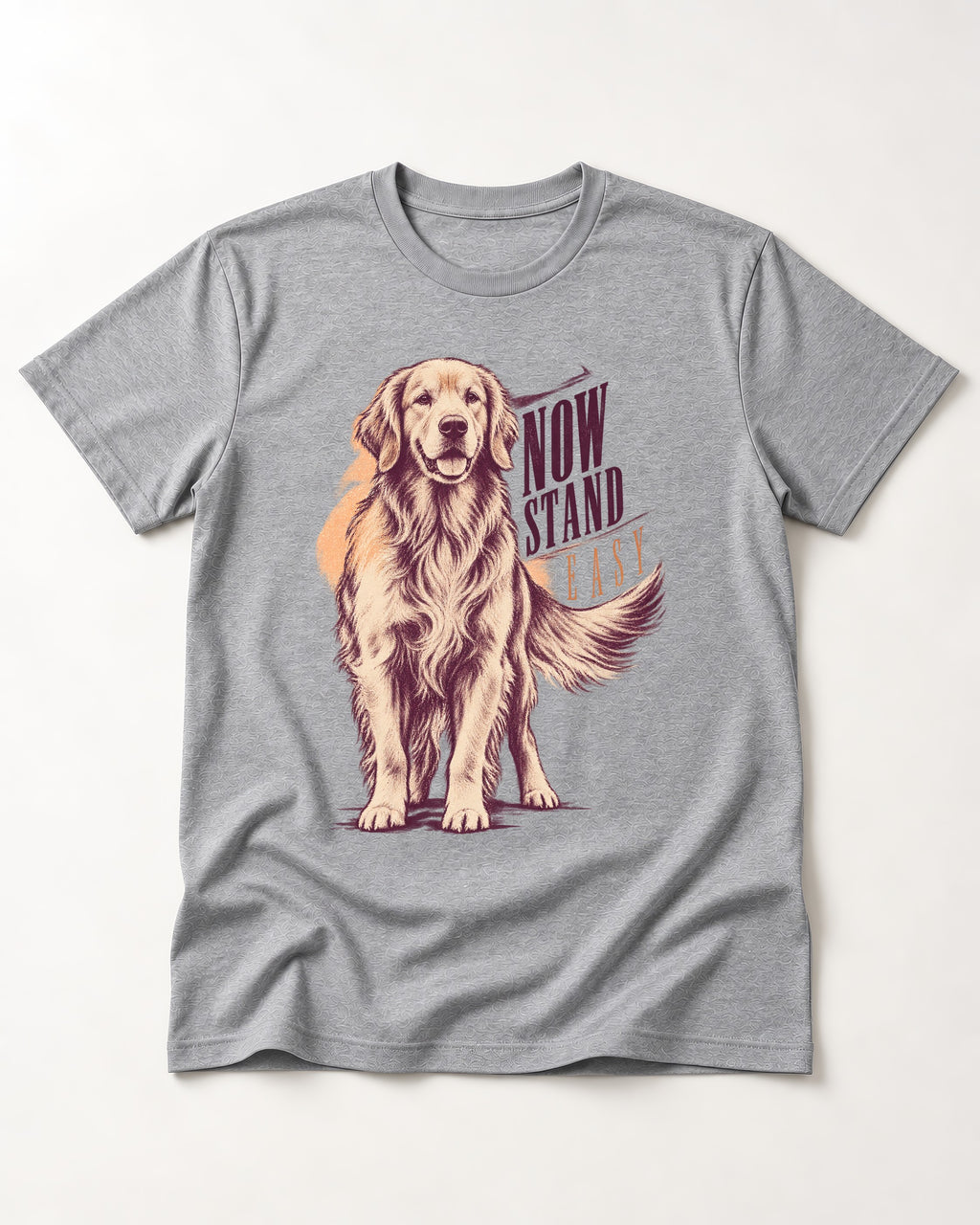 Now Stand Easy Golden Retriever T-Shirt in Sport Grey, flat lay product photo