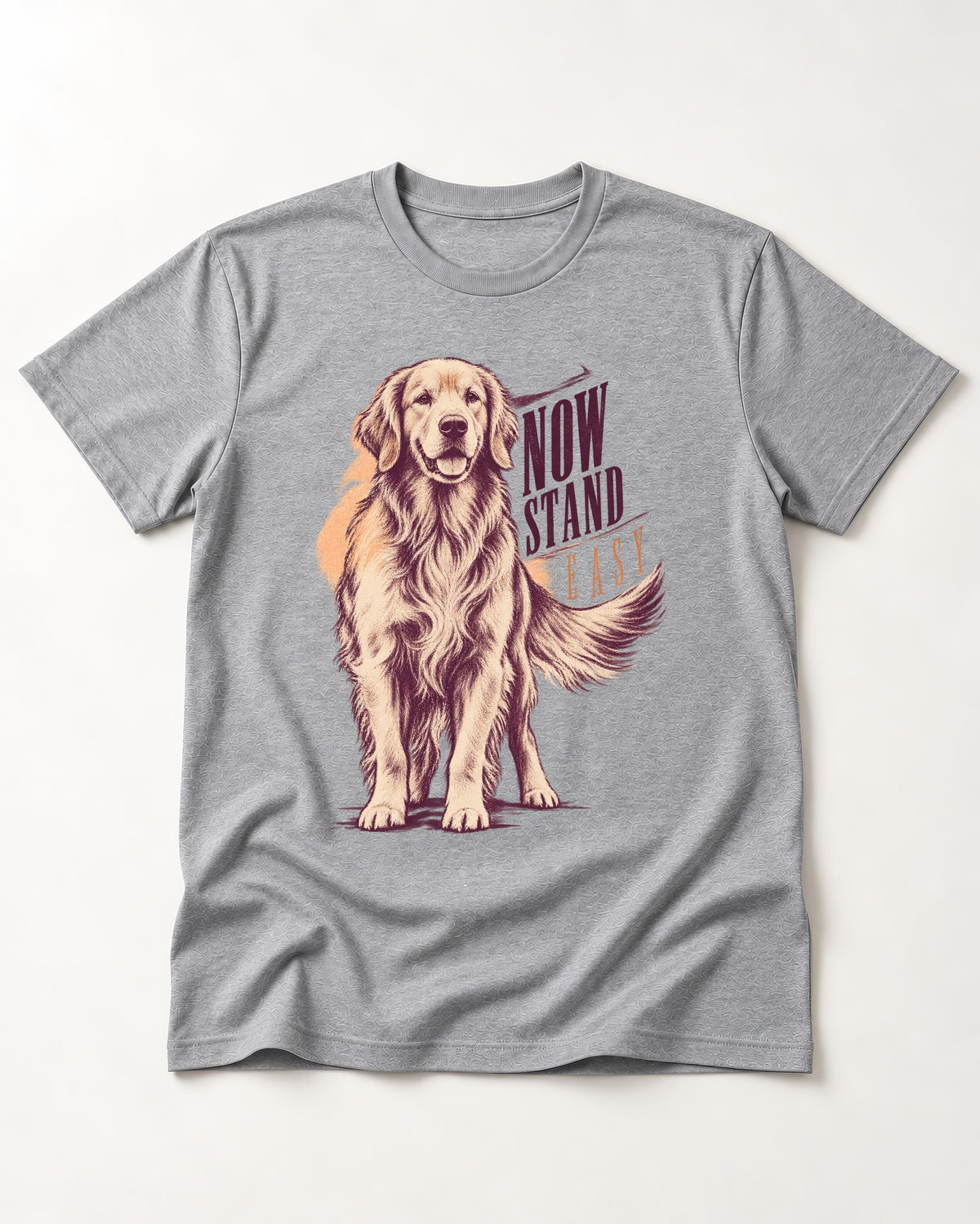 Now Stand Easy Golden Retriever T-Shirt in Sport Grey, flat lay product photo